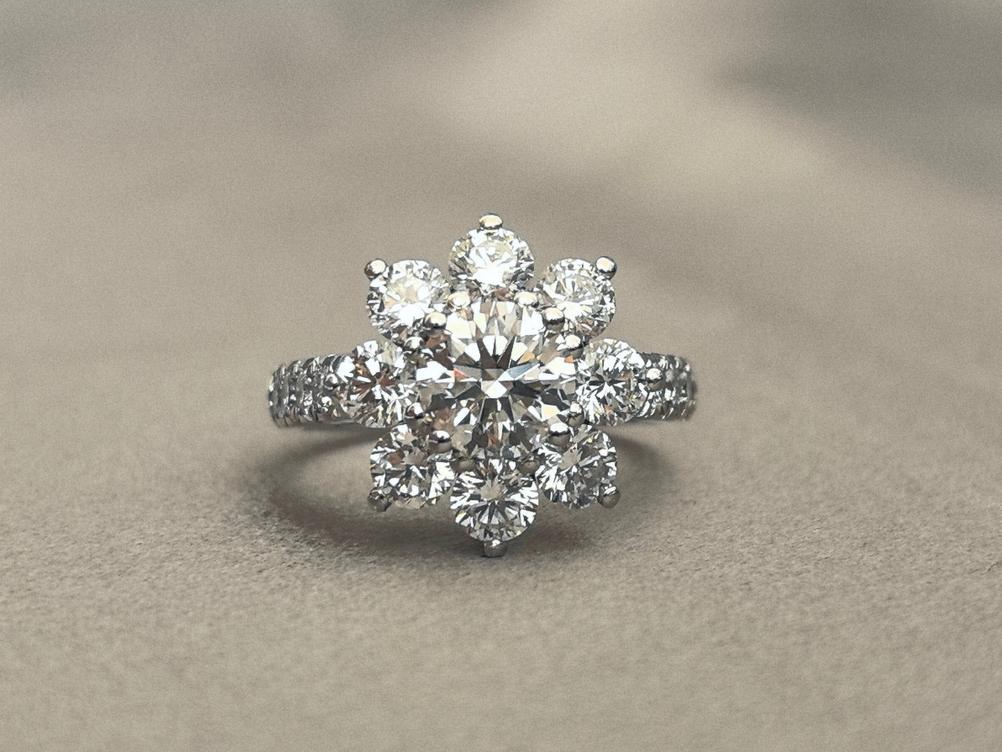 1.08 Carat Round Lab-Grown Diamond Platinum Ring | Sunflower Shape | 1/3 Eternity Pave Setting
