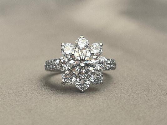 1.08 Carat Round Lab-Grown Diamond Platinum Ring | Sunflower Shape | 1/3 Eternity Pave Setting