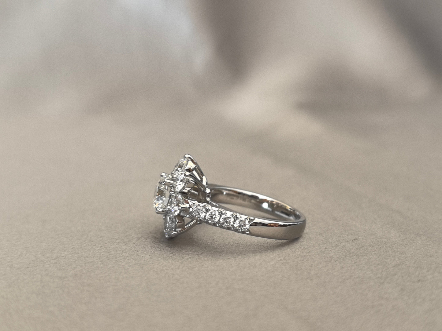 1.08 Carat Round Lab-Grown Diamond Platinum Ring | Sunflower Shape | 1/3 Eternity Pave Setting