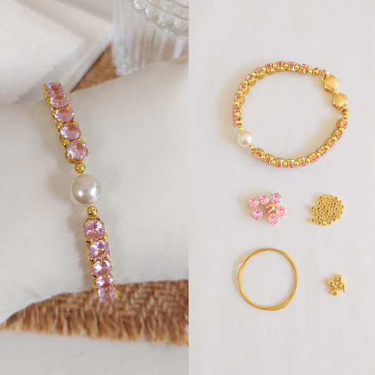 No.15 Lady Pink DIY Bracelet Kit with Pink Zircon and Pearl – Gold Bow Clasp
