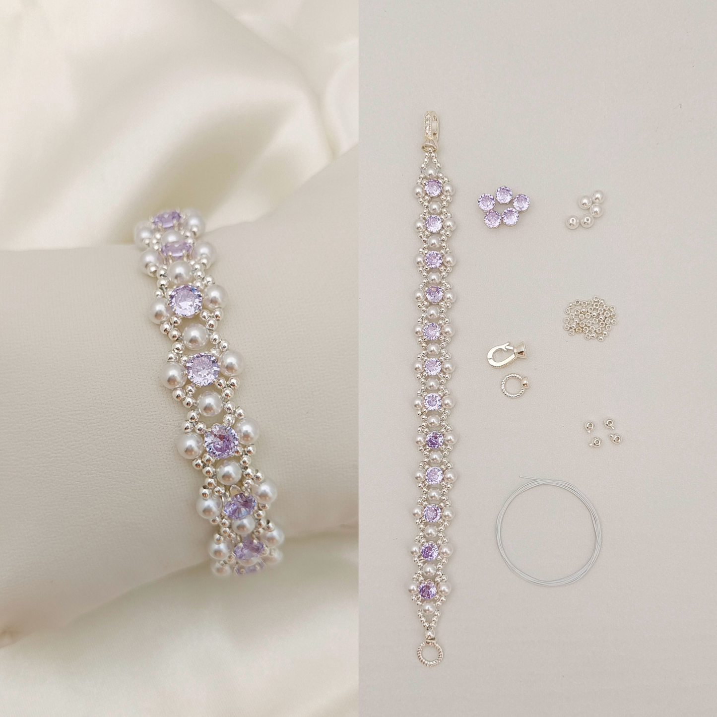 No.62 LilacPearl DIY Bracelet Kit – Purple CZ, Pearl & Silver Seed Beads, Complete Tutorial Included