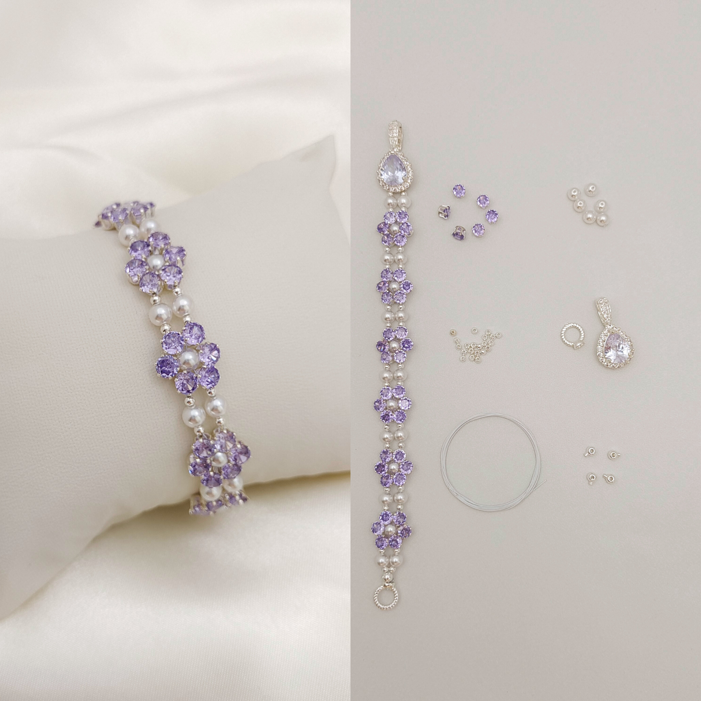 No.59 Purple Daisy DIY Bracelet Kit – Purple CZ, Pearls, Drop Clasp & Full Tutorial