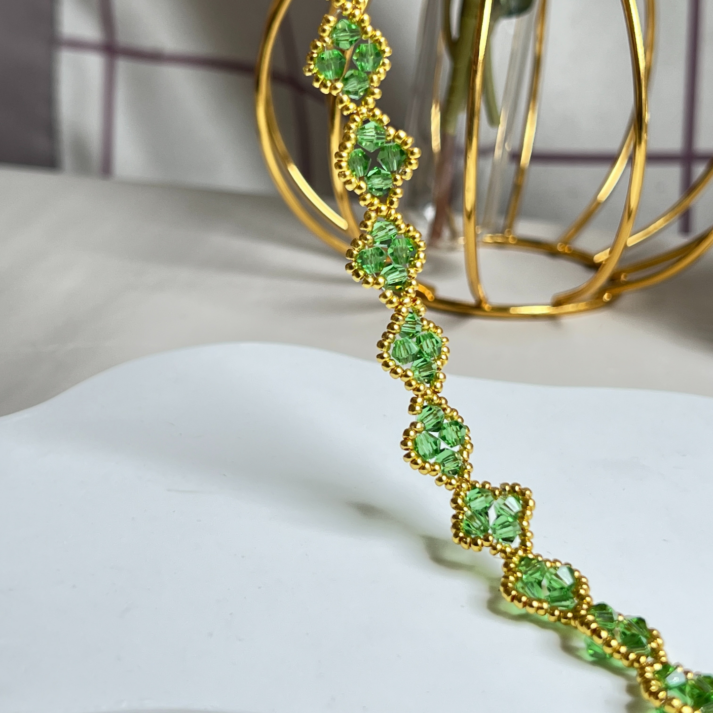 No.24 DIY Beaded Bracelet Kit – Alhambra-Inspired Design with Green Diamond Beads & Gold Seed Beads | Beginner-Friendly Jewelry Making Supplies & Tools | Gift for Her
