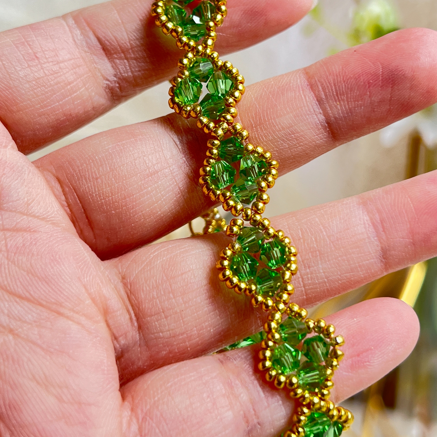 No.24 DIY Beaded Bracelet Kit – Alhambra-Inspired Design with Green Diamond Beads & Gold Seed Beads | Beginner-Friendly Jewelry Making Supplies & Tools | Gift for Her