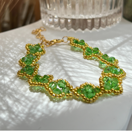 No.24 DIY Beaded Bracelet Kit – Alhambra-Inspired Design with Green Diamond Beads & Gold Seed Beads | Beginner-Friendly Jewelry Making Supplies & Tools | Gift for Her