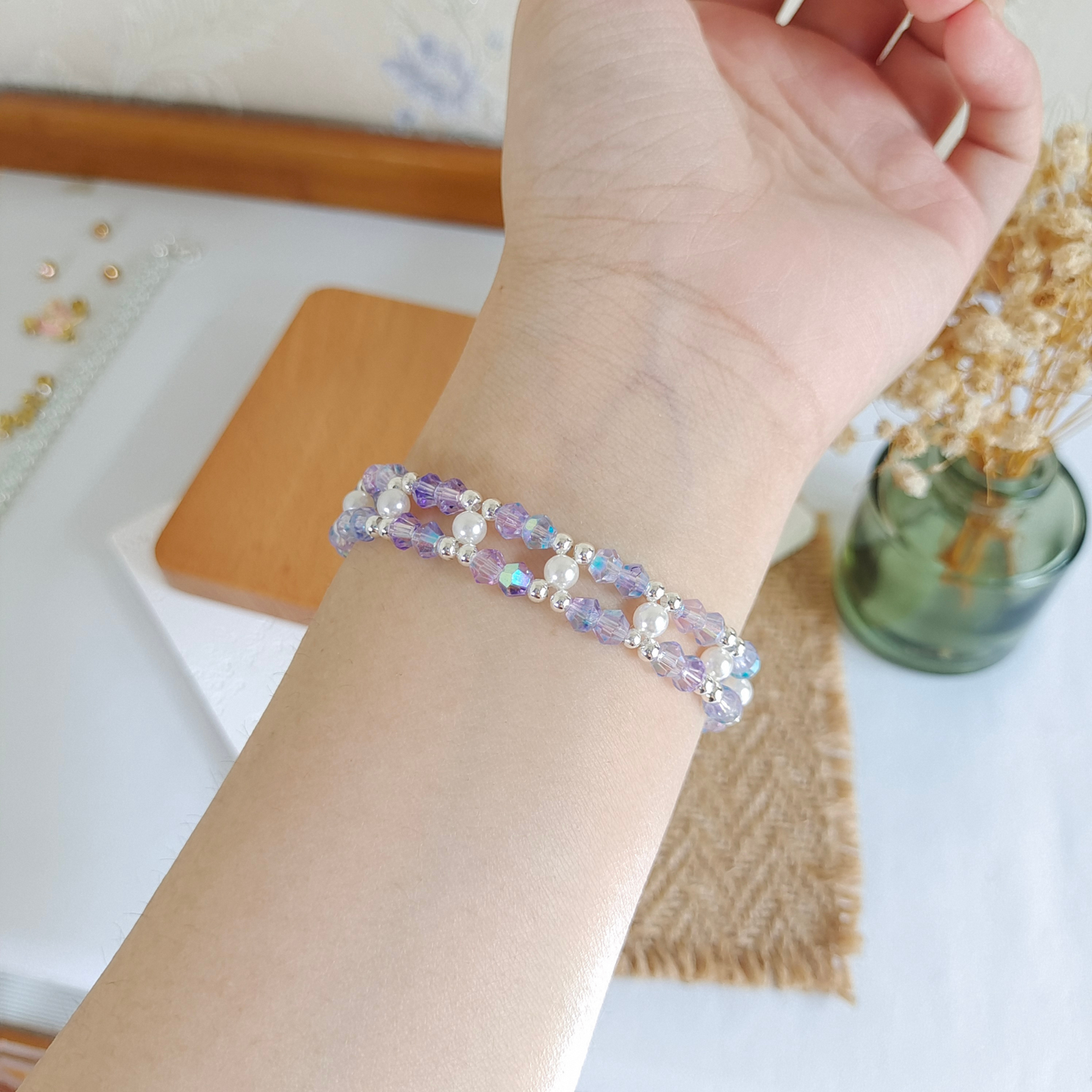 No.24 Aurora Purple Bracelet – Handmade Beaded Bracelet with Crystal & Pearl Accents