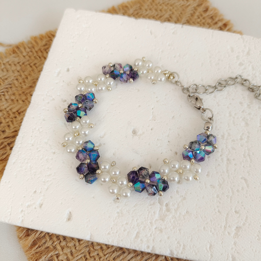 No.27 Starry Dream Blue Handmade Beaded Bracelet – Iridescent Blue Diamond Beads & Pearls