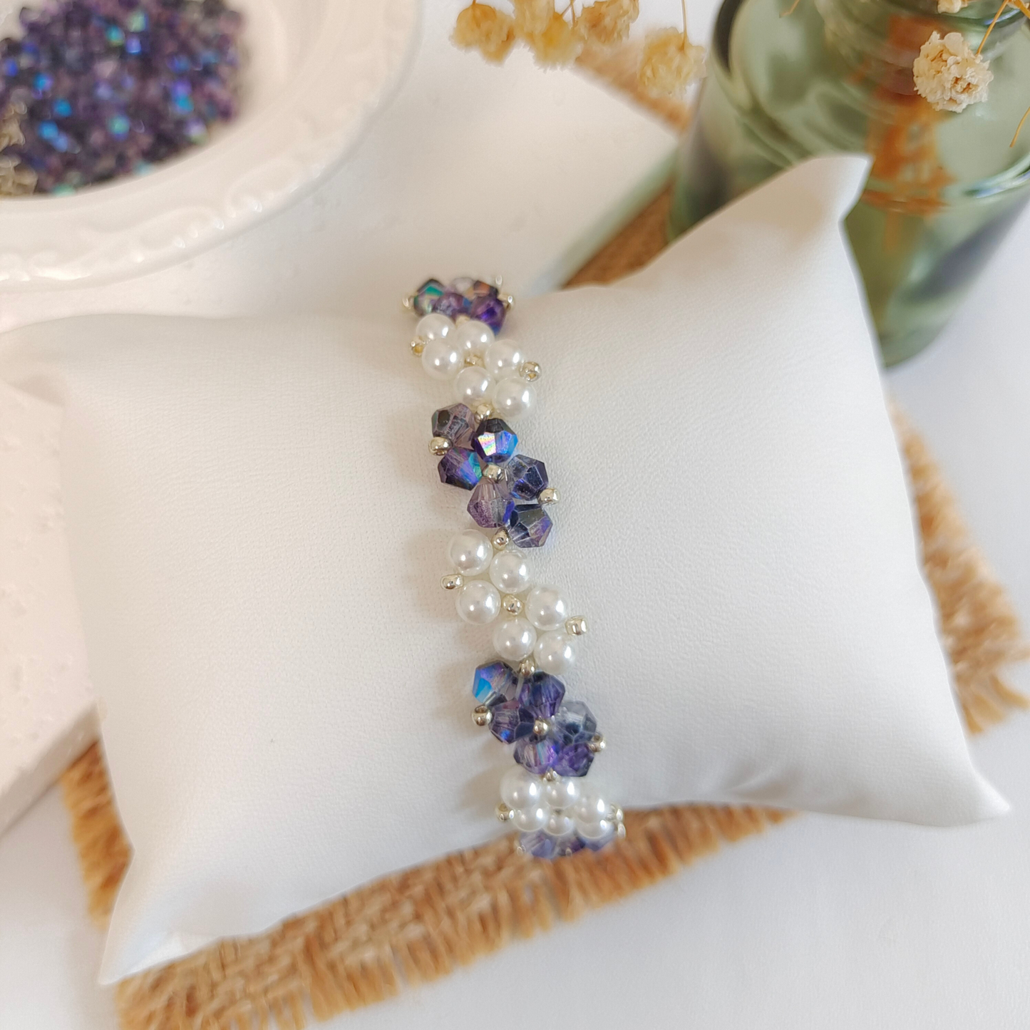 No.27 Starry Dream Blue Handmade Beaded Bracelet – Iridescent Blue Diamond Beads & Pearls