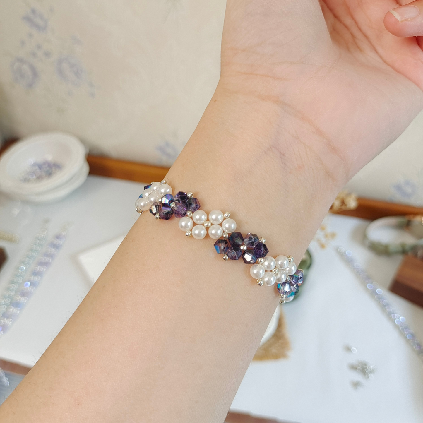 No.27 Starry Dream Blue Handmade Beaded Bracelet – Iridescent Blue Diamond Beads & Pearls