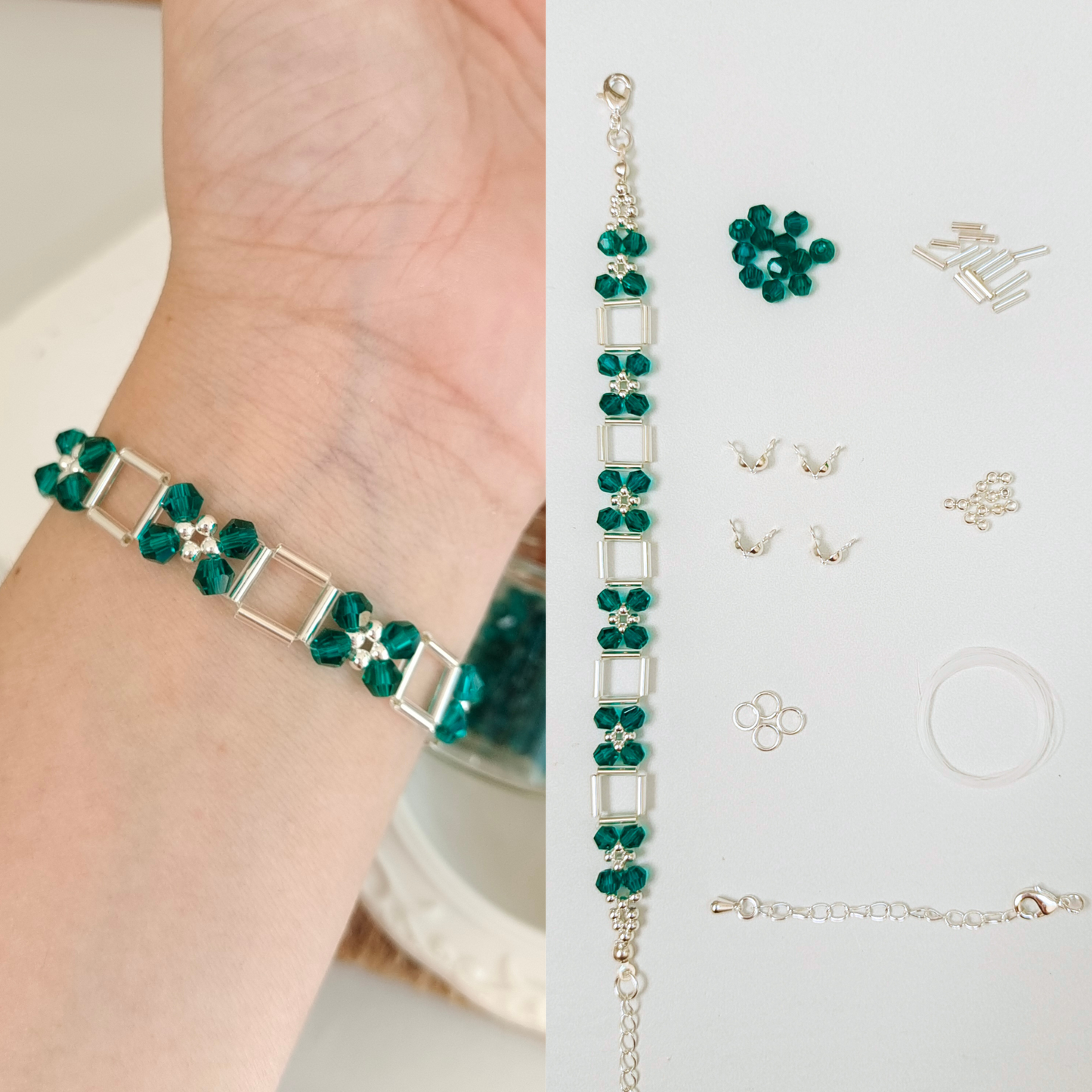 No.17 DIY Bracelet Kit – Firefly Forest with Green Crystals, Silver Tubes & Seed Beads, Full Tutorial Included