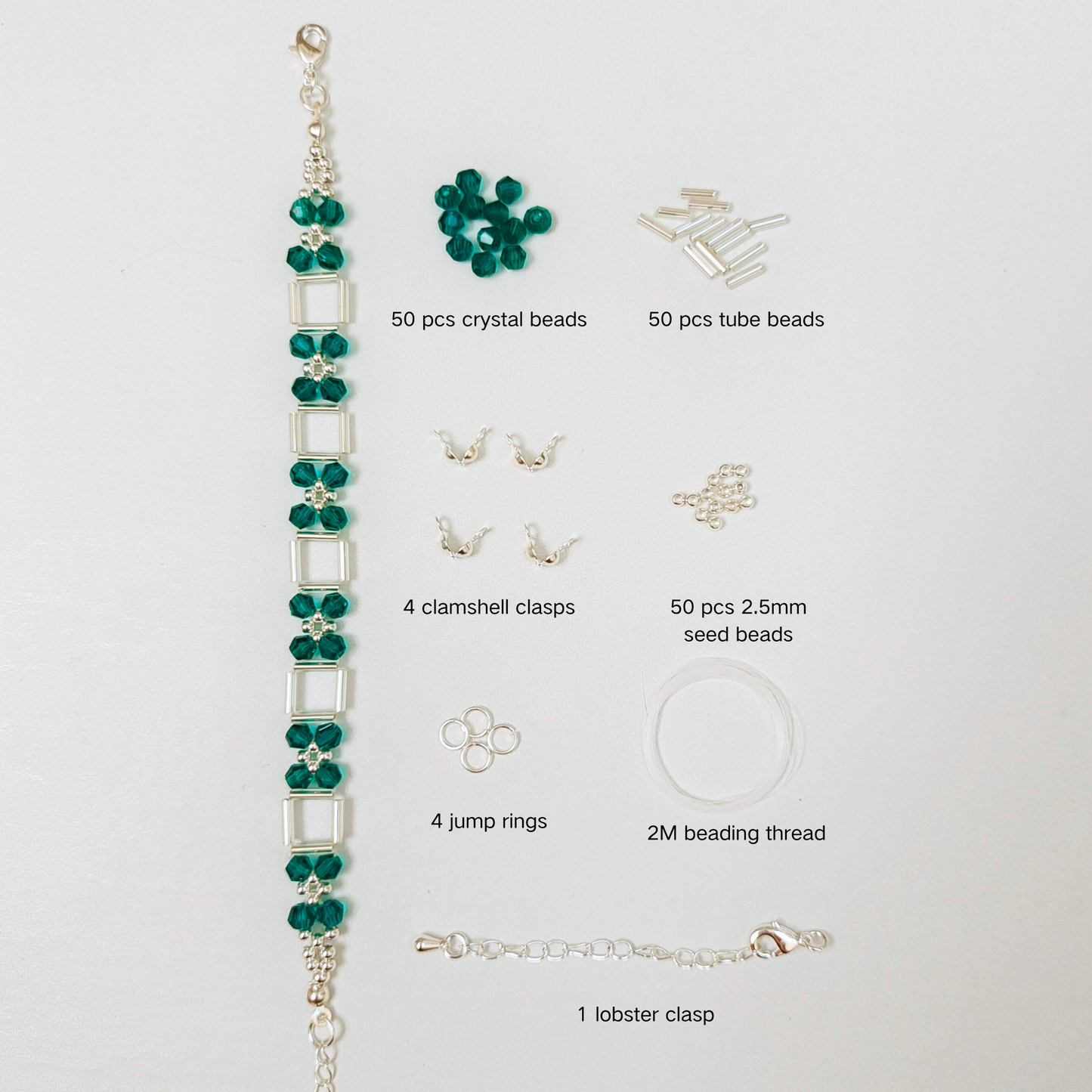 No.17 DIY Bracelet Kit – Firefly Forest with Green Crystals, Silver Tubes & Seed Beads, Full Tutorial Included