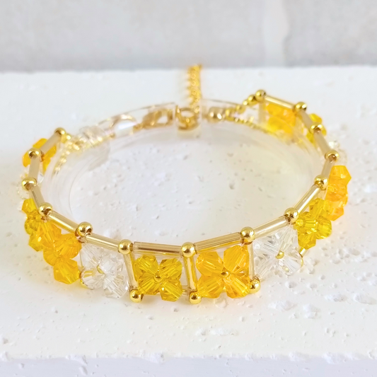 No.22 DIY Rock Sugar-Inspired Beaded Bracelet – 4mm Crystal Diamond Beads, 6mm Gold Tube Beads, Gold Seed Beads & Findings | CraftKit Beginner-Friendly Gift for Her