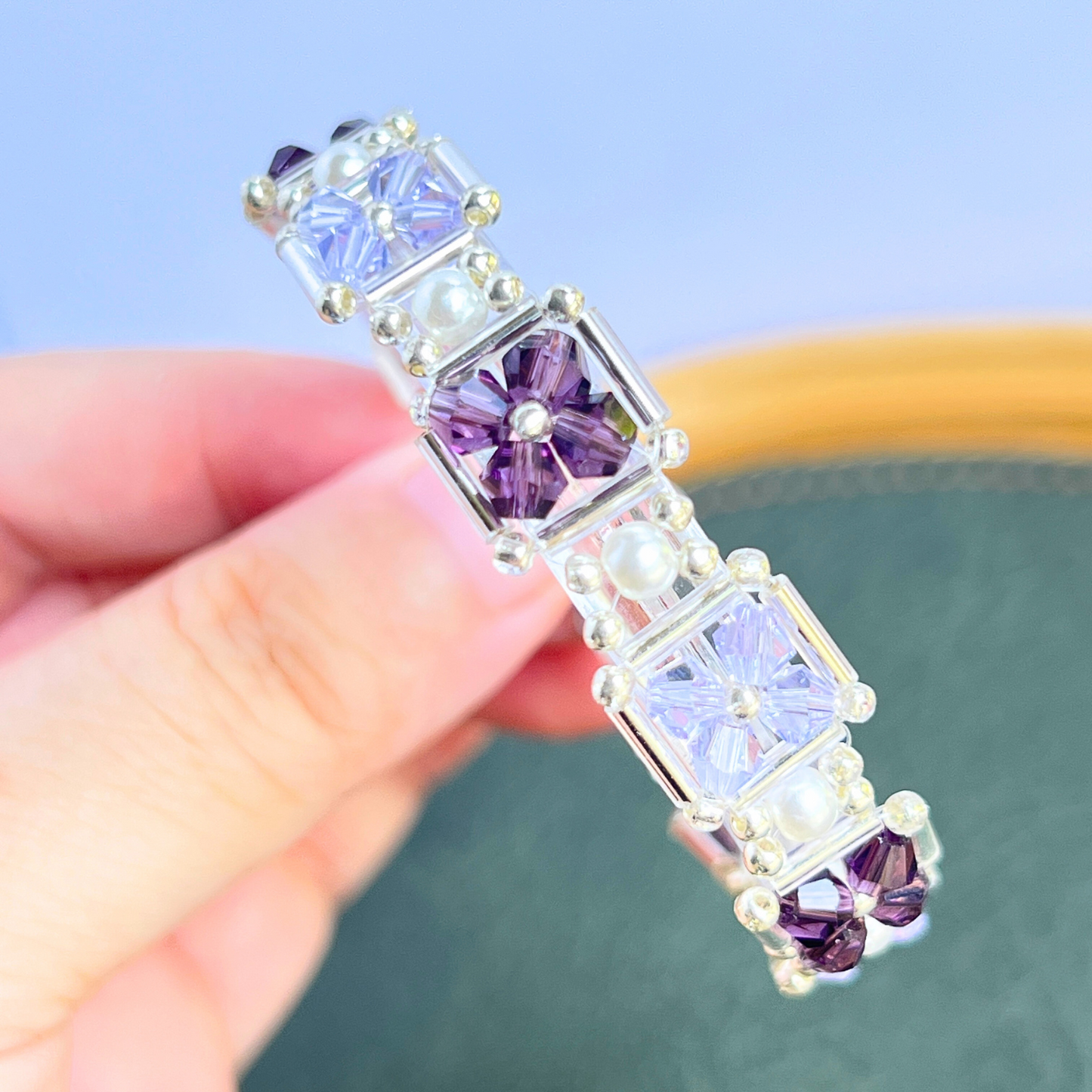 No.40 Beaded Bracelet Purple Grape Beads – 4mm Purple Diamond Beads, Pearls & Silver Seed Beads – DIY Jewelry Making Set for Beginners – Gift for Her