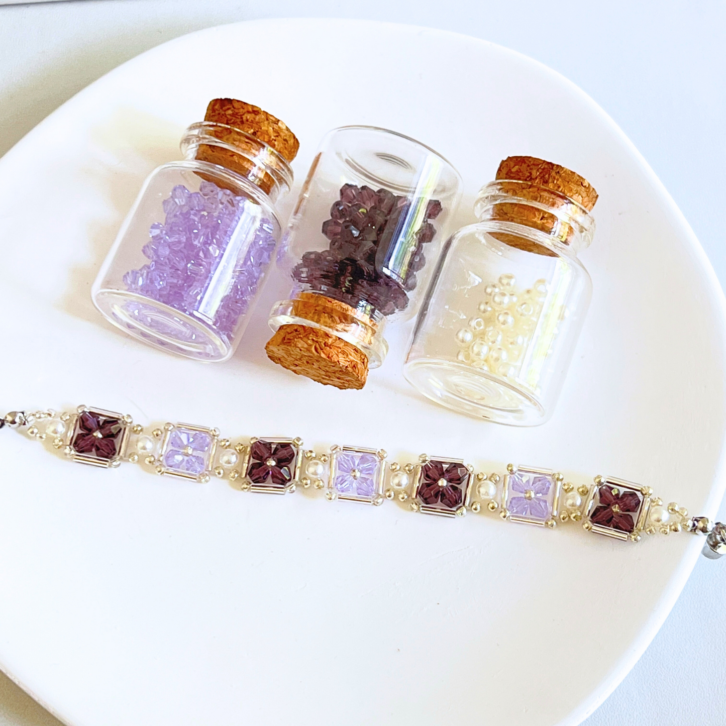 No.40 Beaded Bracelet Purple Grape Beads – 4mm Purple Diamond Beads, Pearls & Silver Seed Beads – DIY Jewelry Making Set for Beginners – Gift for Her