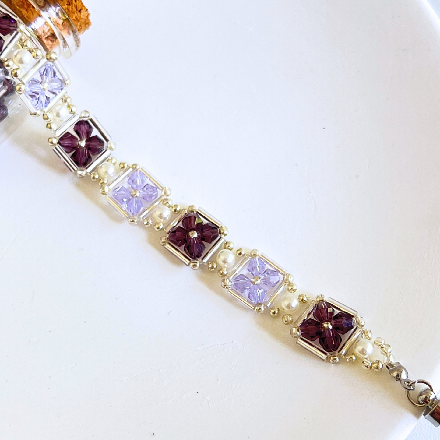 No.40 Beaded Bracelet Purple Grape Beads – 4mm Purple Diamond Beads, Pearls & Silver Seed Beads – DIY Jewelry Making Set for Beginners – Gift for Her