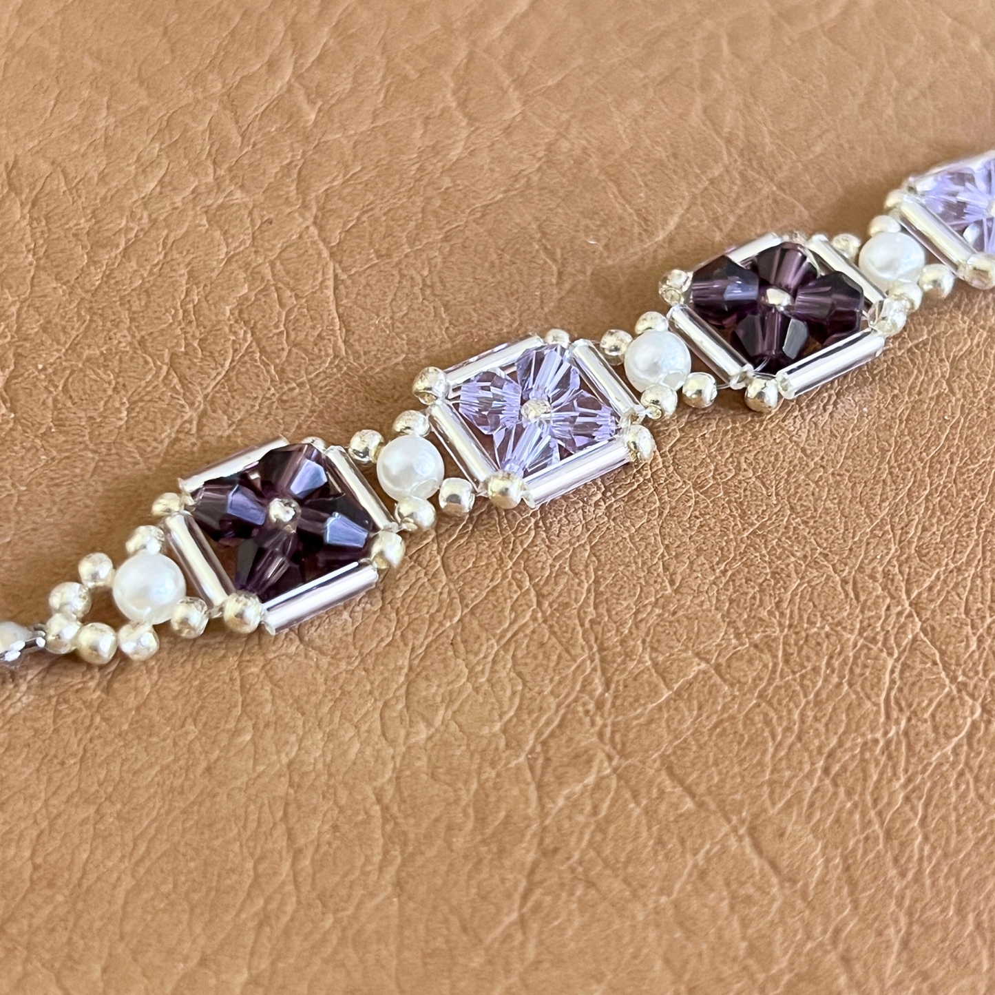 No.40 Beaded Bracelet Purple Grape Beads – 4mm Purple Diamond Beads, Pearls & Silver Seed Beads – DIY Jewelry Making Set for Beginners – Gift for Her