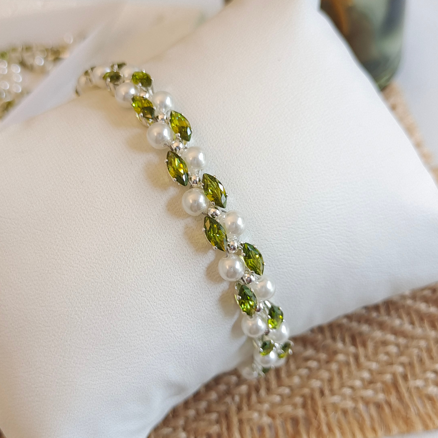 No.26 Handmade Bracelet – Green Amber with Olive Marquise Rhinestones & Pearls