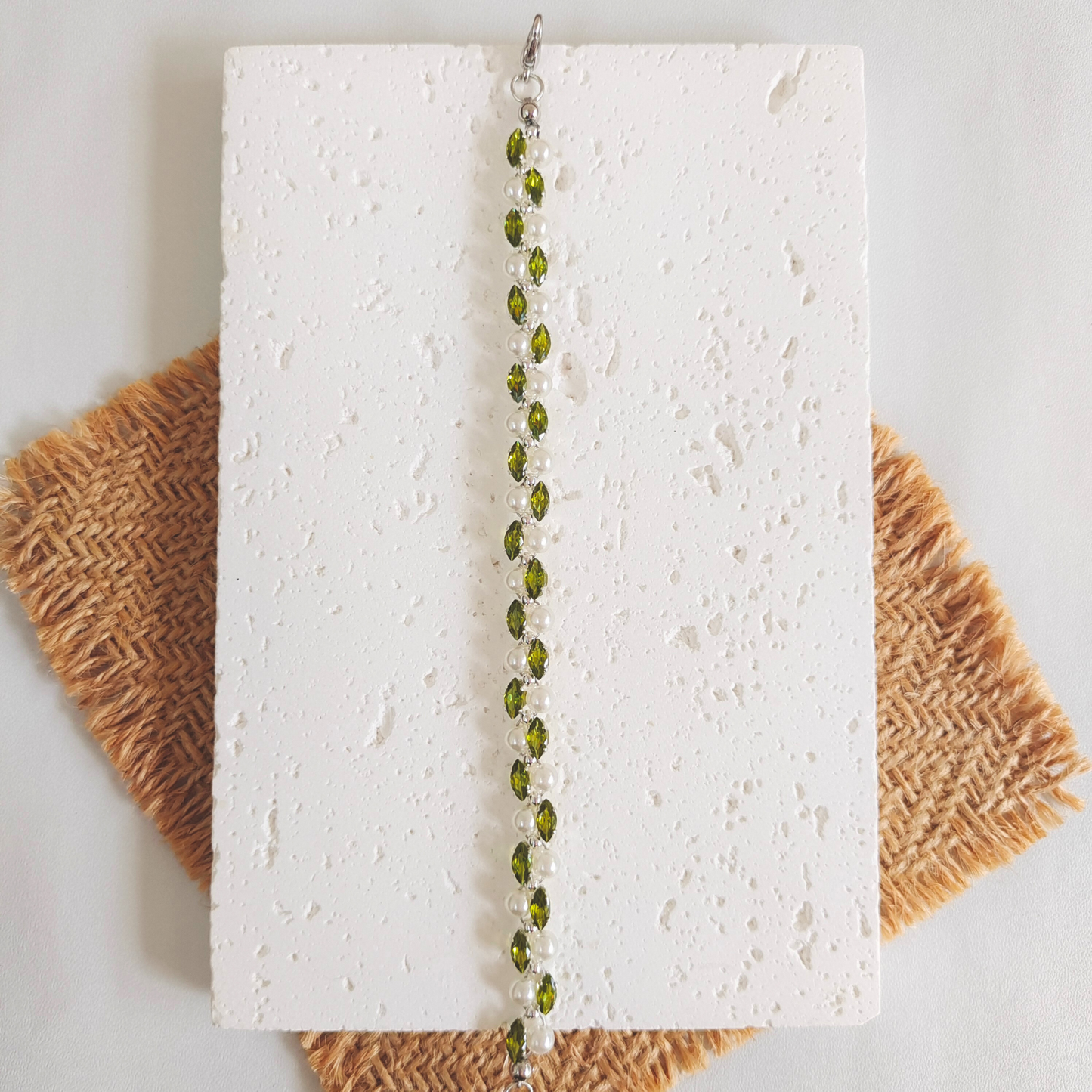 No.26 Handmade Bracelet – Green Amber with Olive Marquise Rhinestones & Pearls