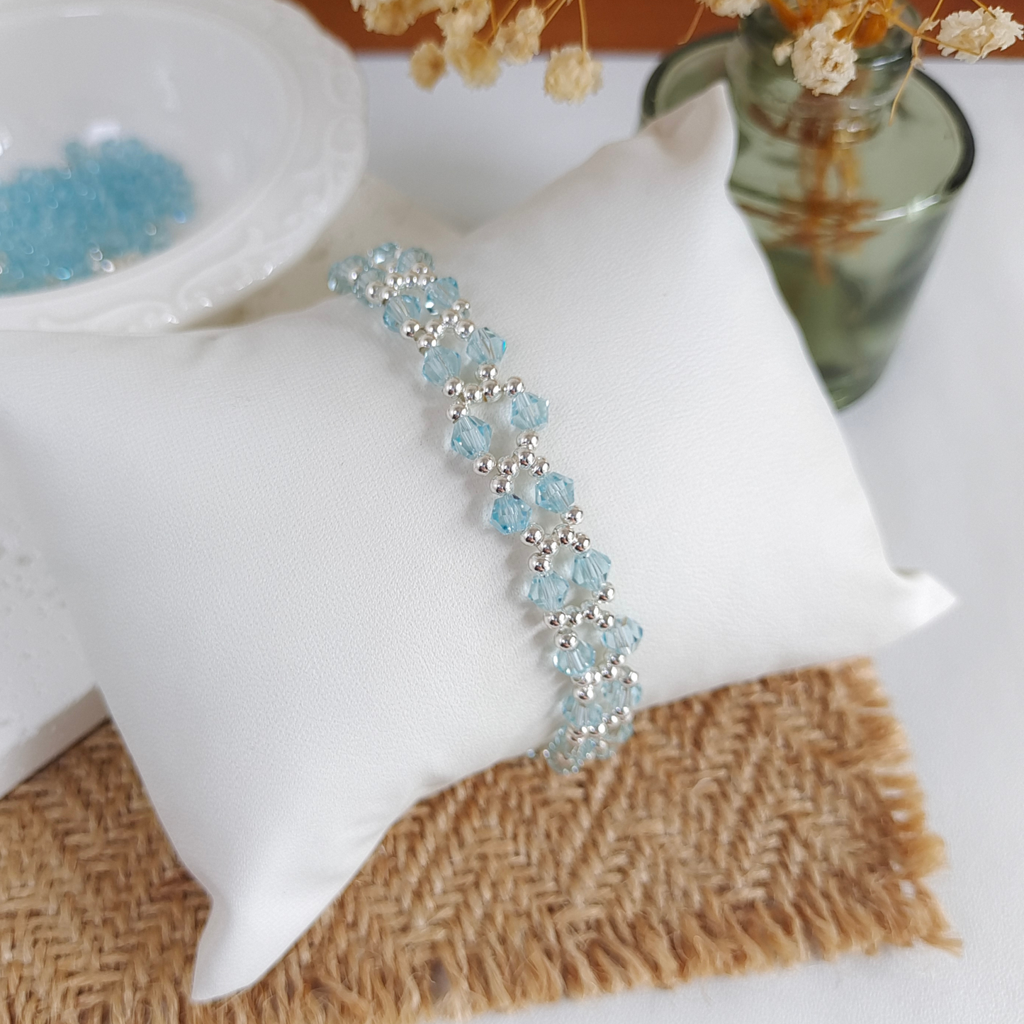 No.25 Ocean Breeze Handmade Crystal Bracelet – Lake Blue & Silver Beaded Jewelry