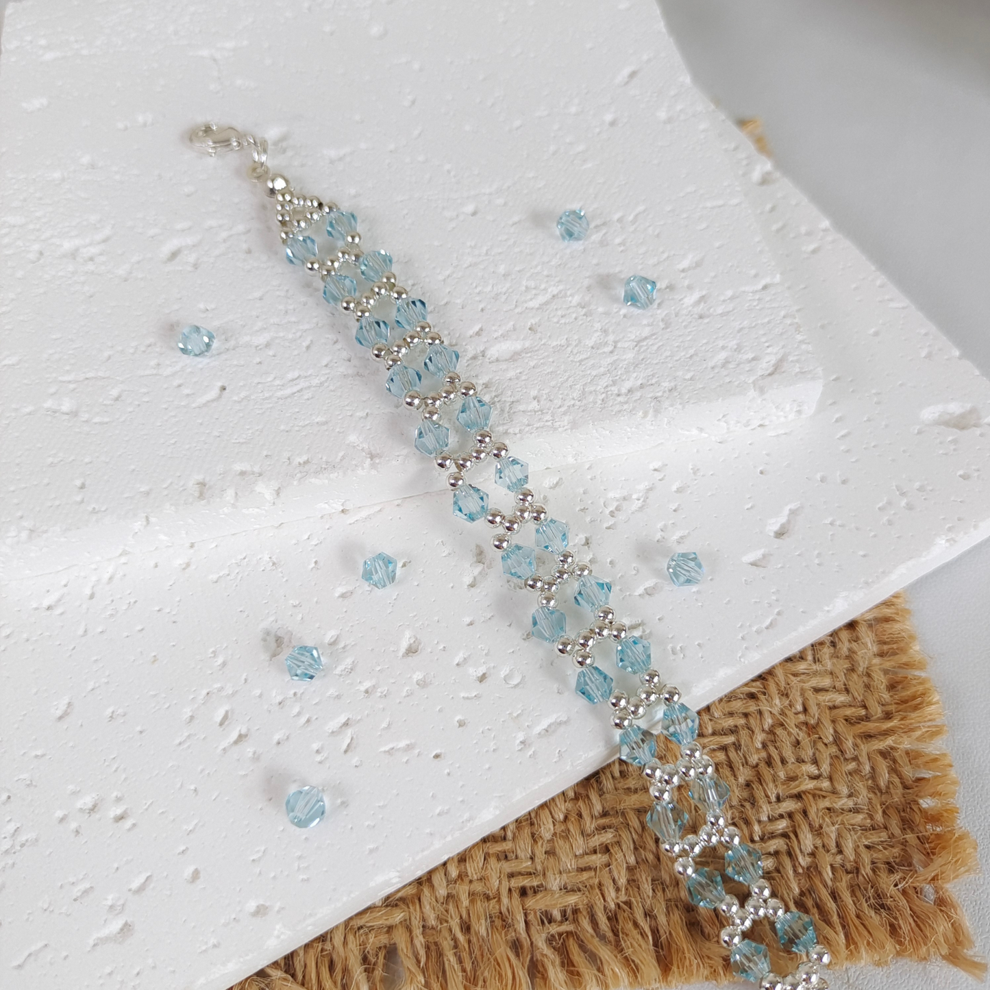 No.25 Ocean Breeze Handmade Crystal Bracelet – Lake Blue & Silver Beaded Jewelry