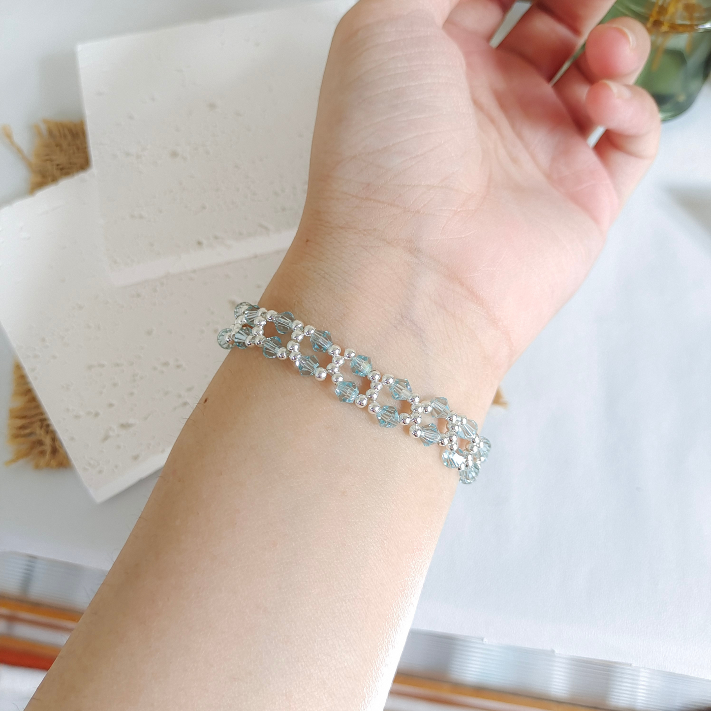 No.25 Ocean Breeze Handmade Crystal Bracelet – Lake Blue & Silver Beaded Jewelry