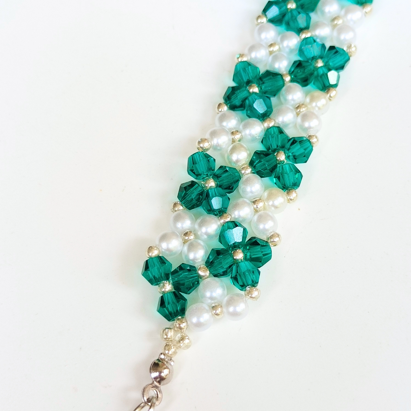 No.04 DIY Peacock-Inspired Beaded Bracelet– Green 4mm Crystal Diamond Beads, 4mm Pearls, Silver Seed Beads & Jewelry Findings | Craft Kit Beginner-Friendly Craft Gift for Her