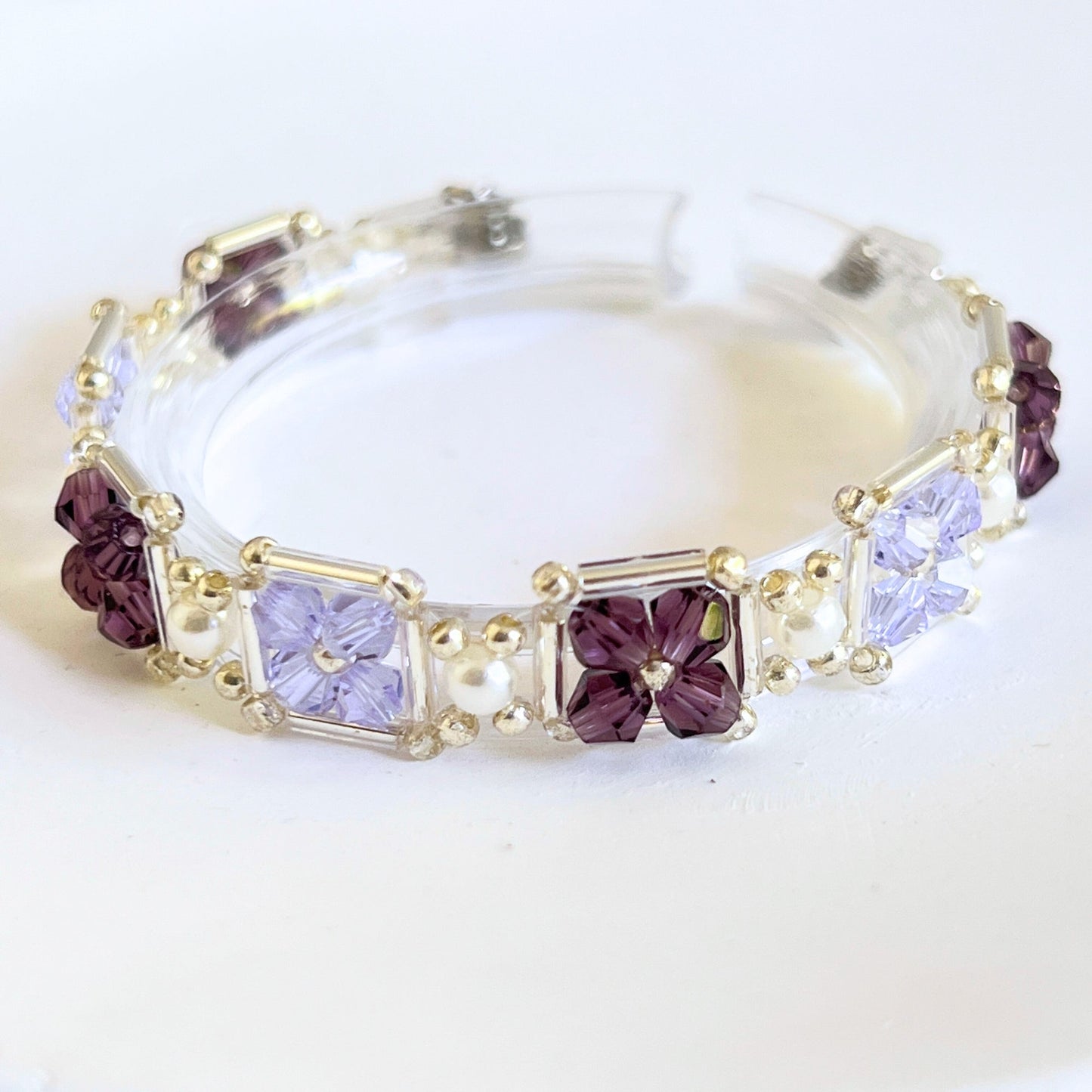 No.40 Beaded Bracelet Purple Grape Beads – 4mm Purple Diamond Beads, Pearls & Silver Seed Beads – DIY Jewelry Making Set for Beginners – Gift for Her