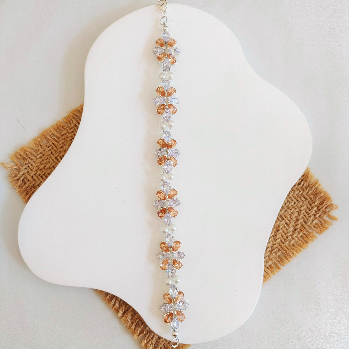 No.28 Serene GemPearl Handmade Bracelet – Clear Oval CZ, Amber Teardrops & Pearls