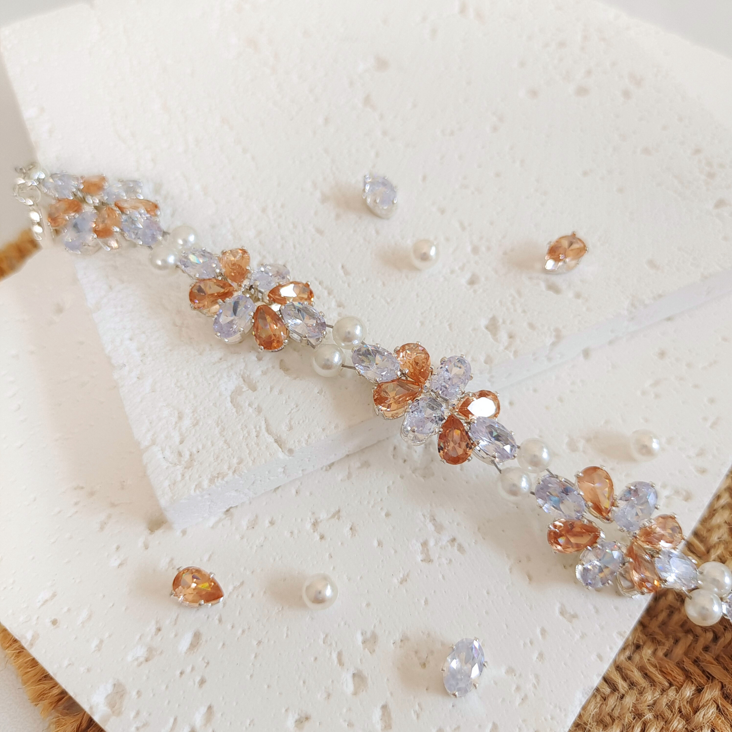 No.28 Serene GemPearl Handmade Bracelet – Clear Oval CZ, Amber Teardrops & Pearls