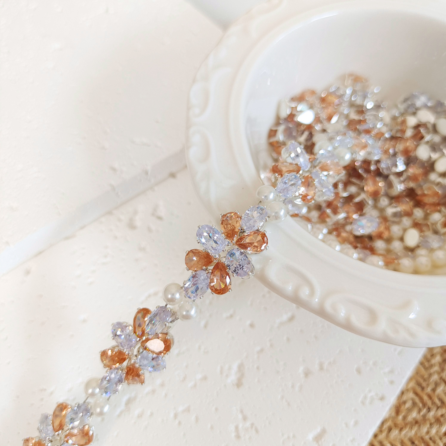 No.28 Serene GemPearl Handmade Bracelet – Clear Oval CZ, Amber Teardrops & Pearls