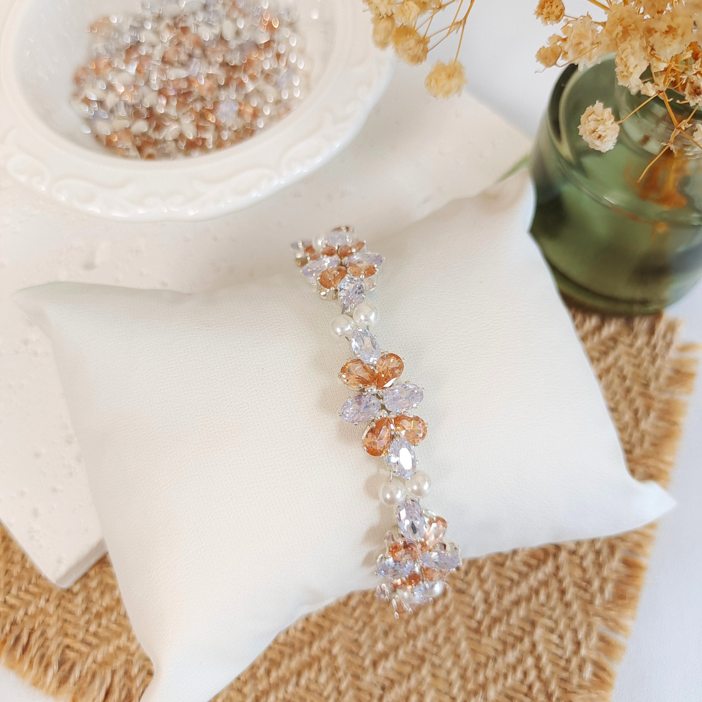 No.28 Serene GemPearl Handmade Bracelet – Clear Oval CZ, Amber Teardrops & Pearls