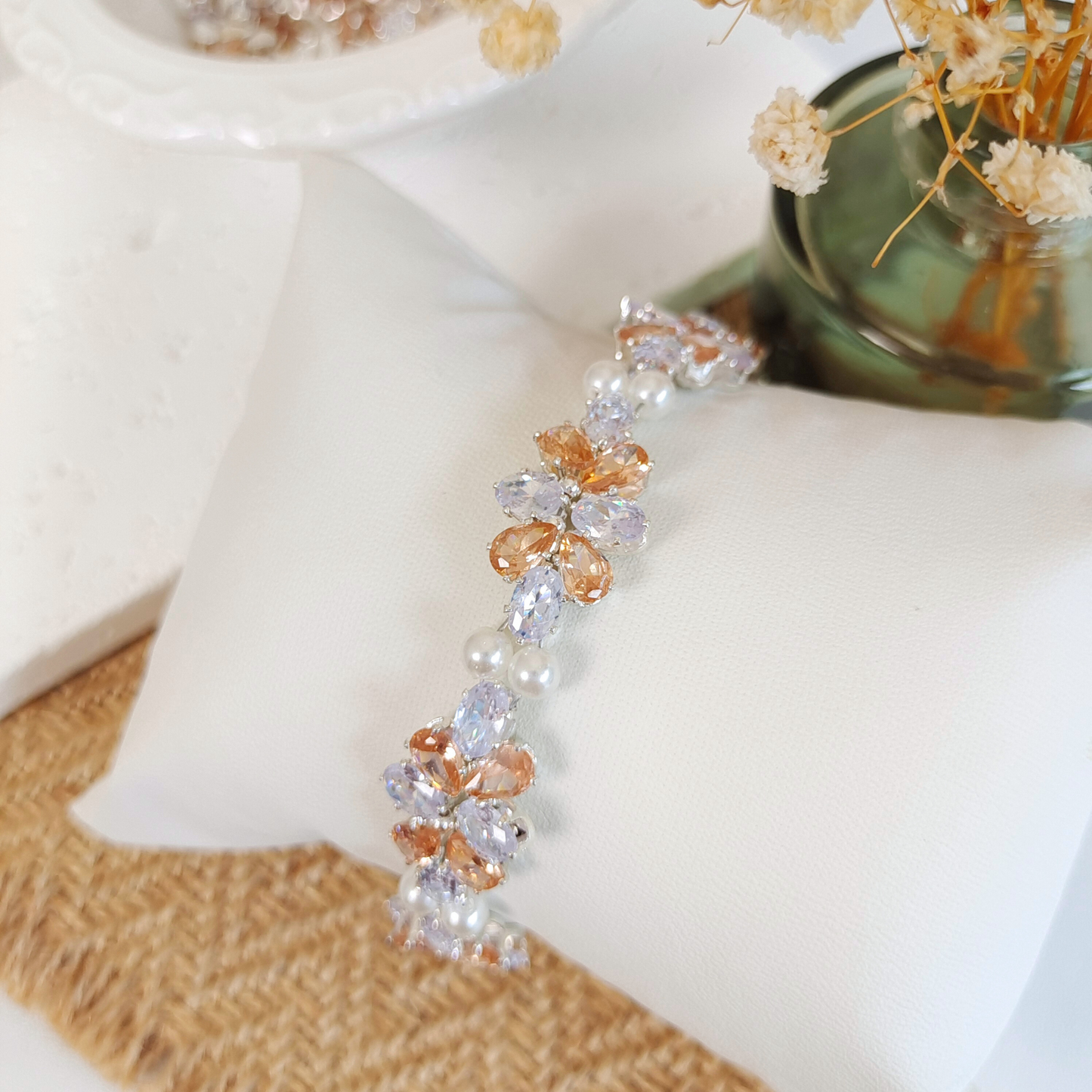No.28 Serene GemPearl Handmade Bracelet – Clear Oval CZ, Amber Teardrops & Pearls