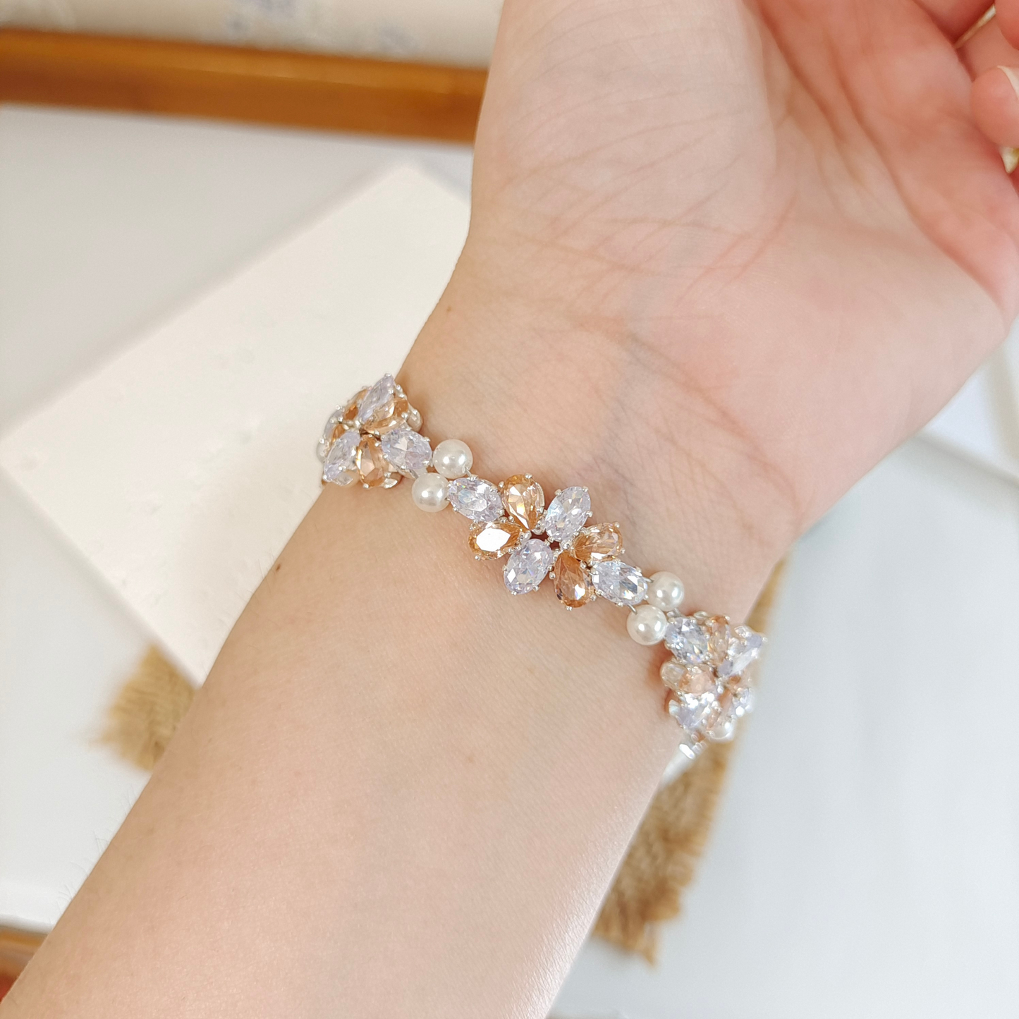 No.28 Serene GemPearl Handmade Bracelet – Clear Oval CZ, Amber Teardrops & Pearls