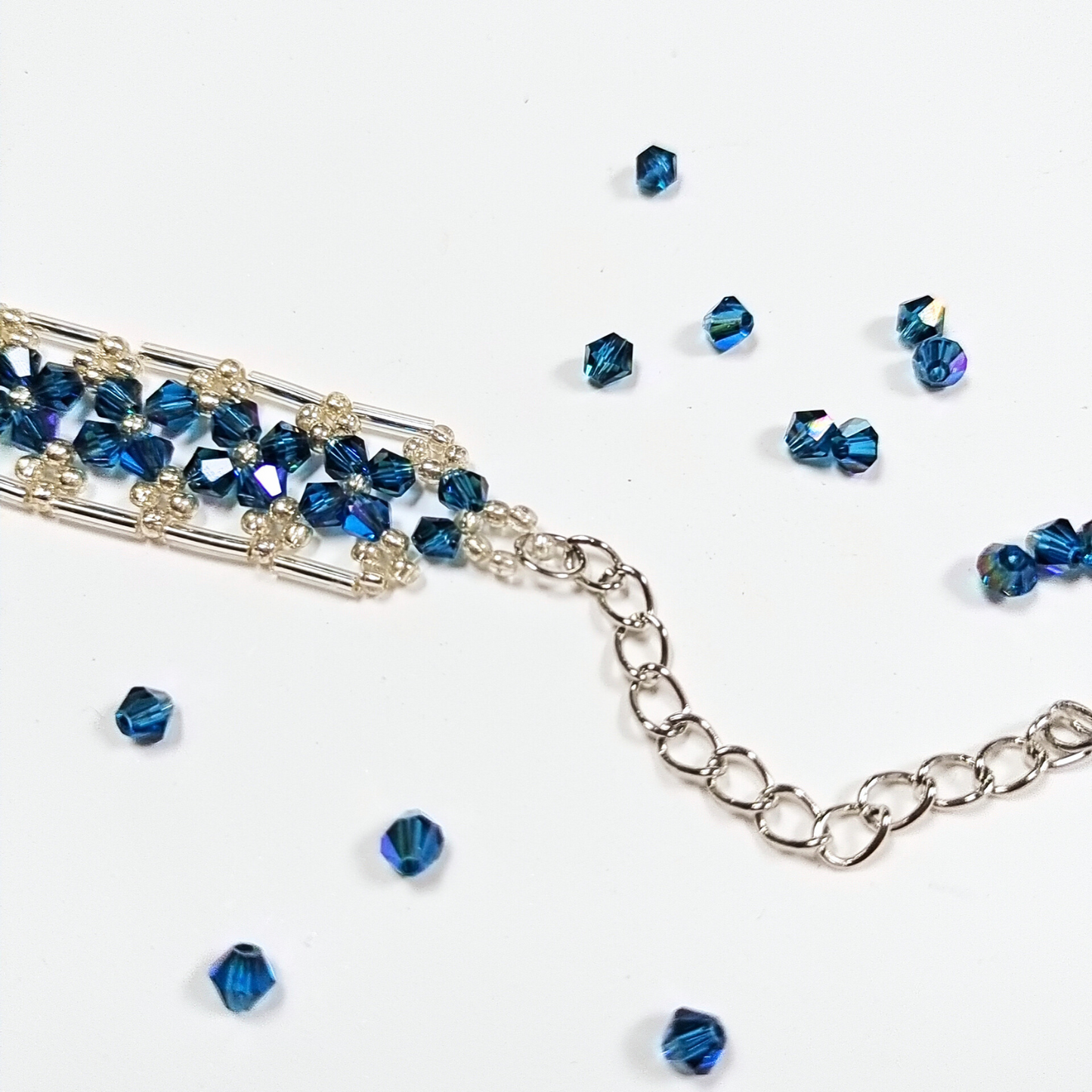 No.03 Galaxy-Inspired DIY Beaded Bracelet Kit – Iridescent Blue 4mm Diamond Beads, 6mm Silver-Plated Tube Beads & Seed Beads | Beginner-Friendly Jewelry Craft Kit
