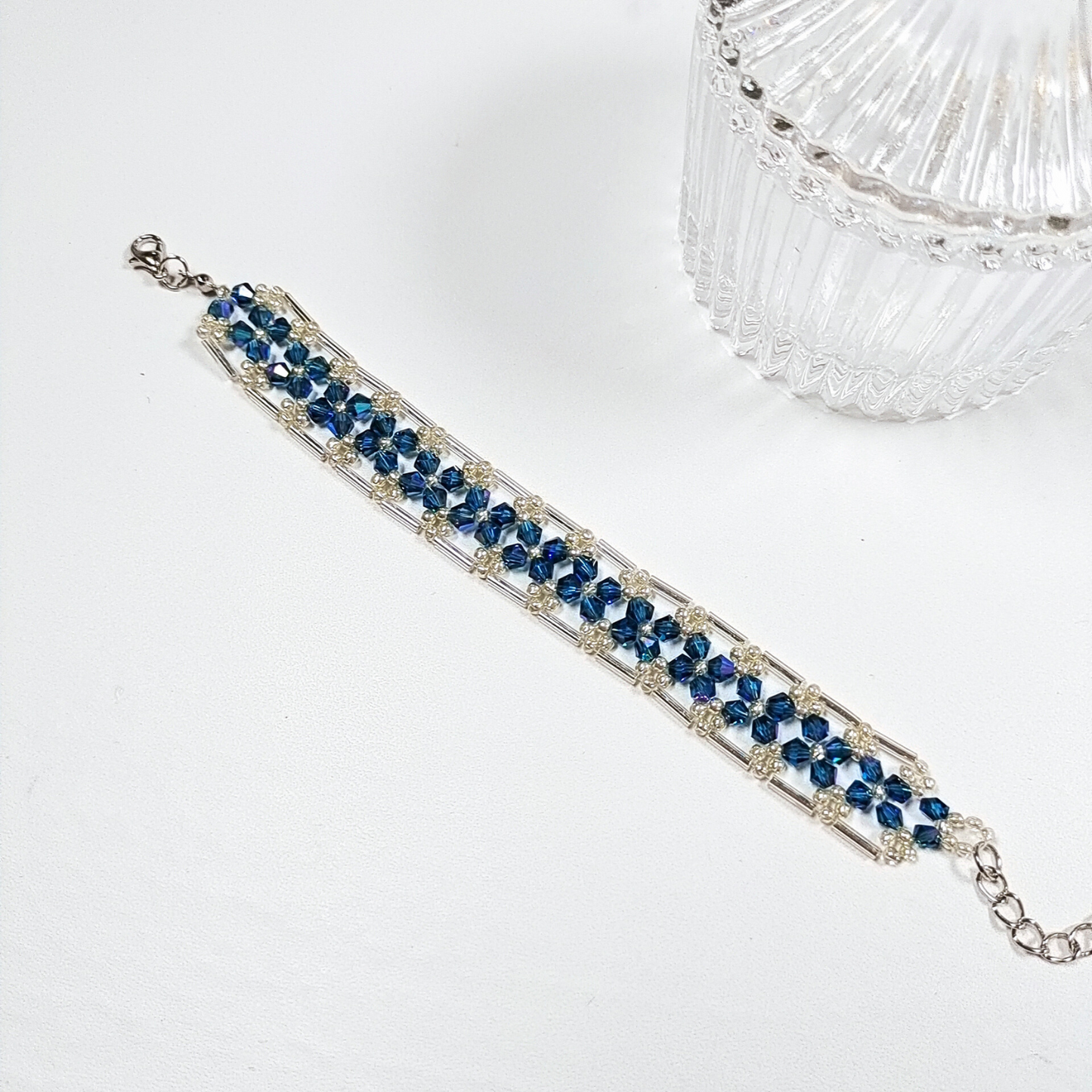 No.03 Galaxy-Inspired DIY Beaded Bracelet Kit – Iridescent Blue 4mm Diamond Beads, 6mm Silver-Plated Tube Beads & Seed Beads | Beginner-Friendly Jewelry Craft Kit
