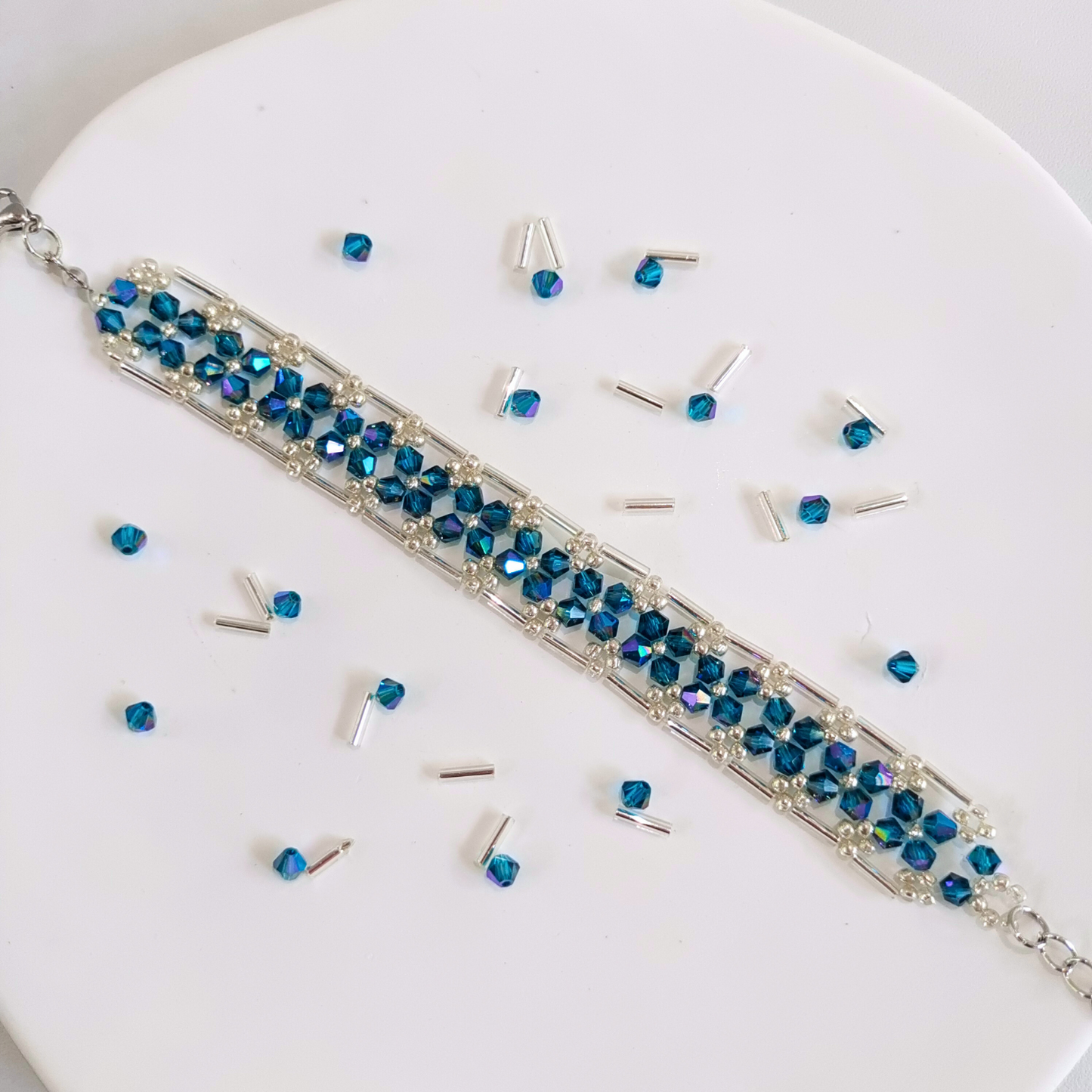 No.03 Galaxy-Inspired DIY Beaded Bracelet Kit – Iridescent Blue 4mm Diamond Beads, 6mm Silver-Plated Tube Beads & Seed Beads | Beginner-Friendly Jewelry Craft Kit