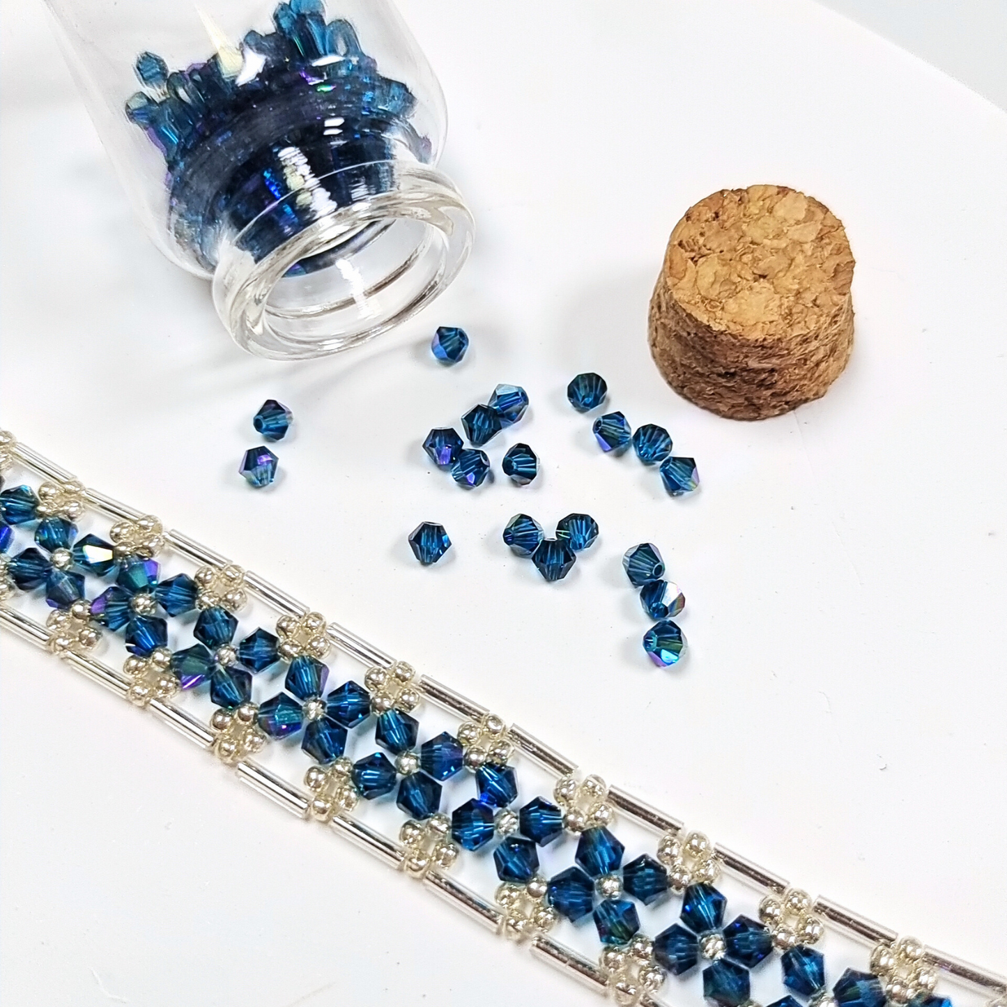 No.03 Galaxy-Inspired DIY Beaded Bracelet Kit – Iridescent Blue 4mm Diamond Beads, 6mm Silver-Plated Tube Beads & Seed Beads | Beginner-Friendly Jewelry Craft Kit