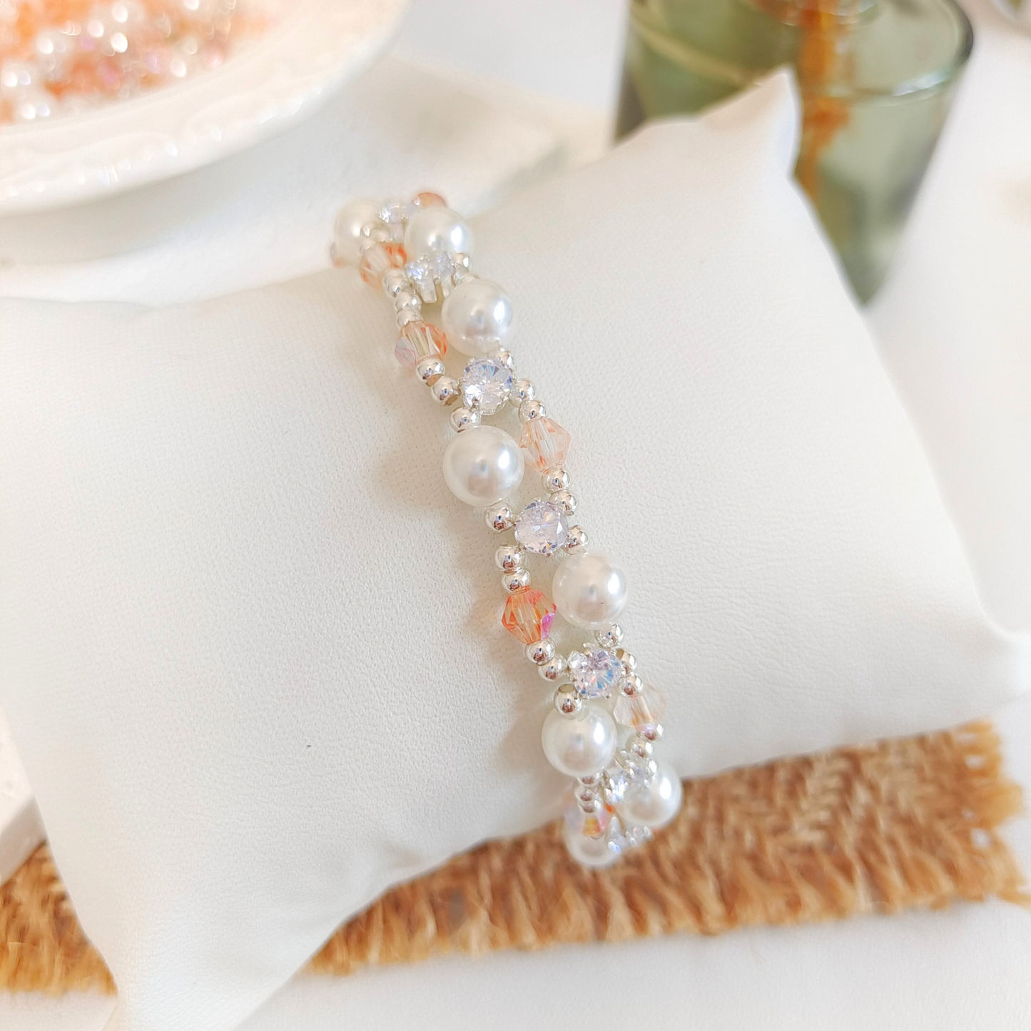 No.29 Elegant Pink Crystal & Pearl Beaded Bracelet – Handmade Jewelry Gift