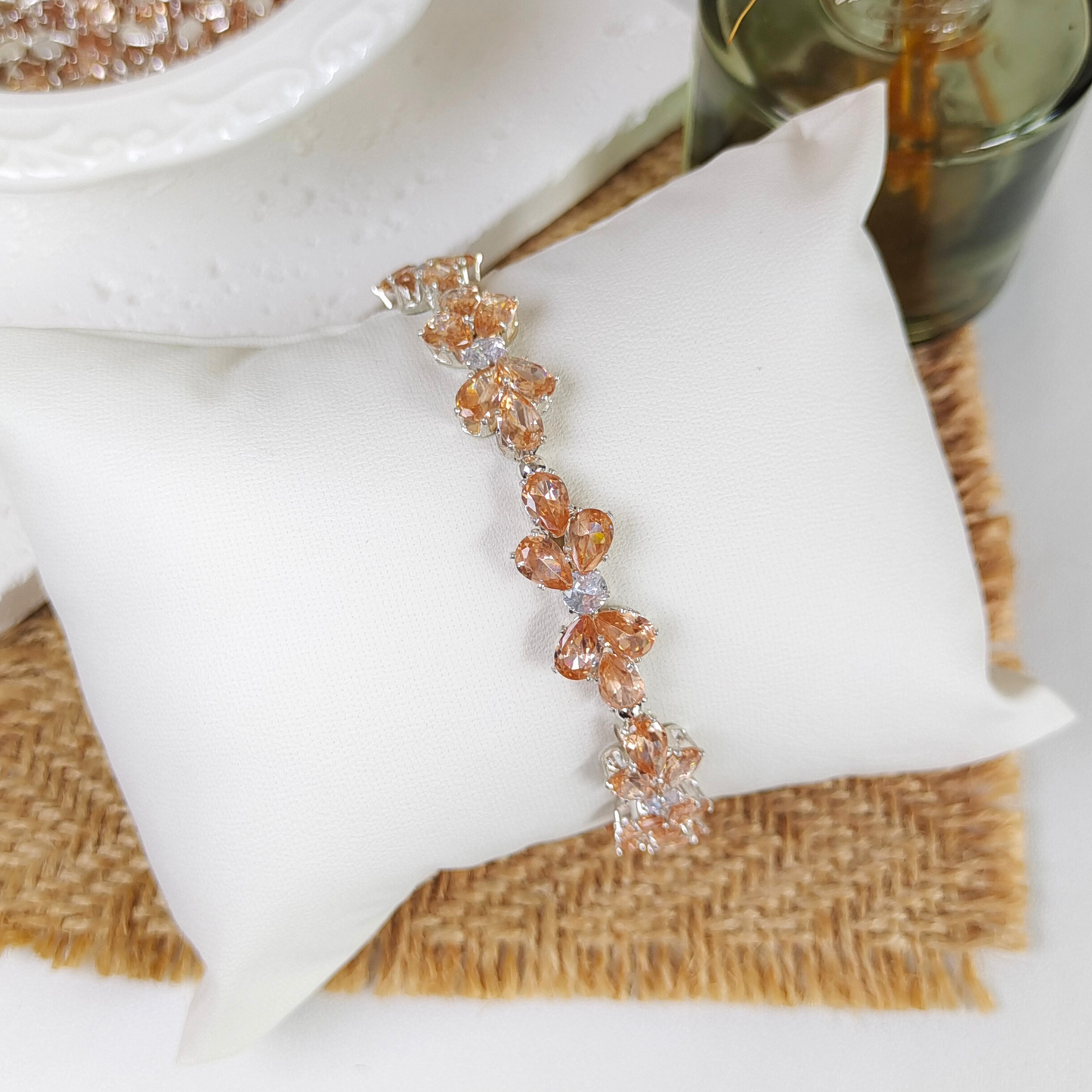 No.21 Amber Bow Bracelet – Handmade Crystal Drop Charm with Silver Beads