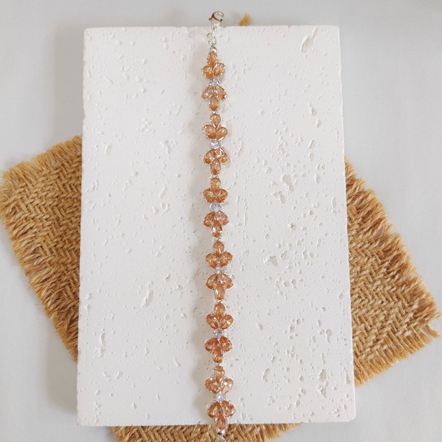 No.21 Amber Bow Bracelet – Handmade Crystal Drop Charm with Silver Beads