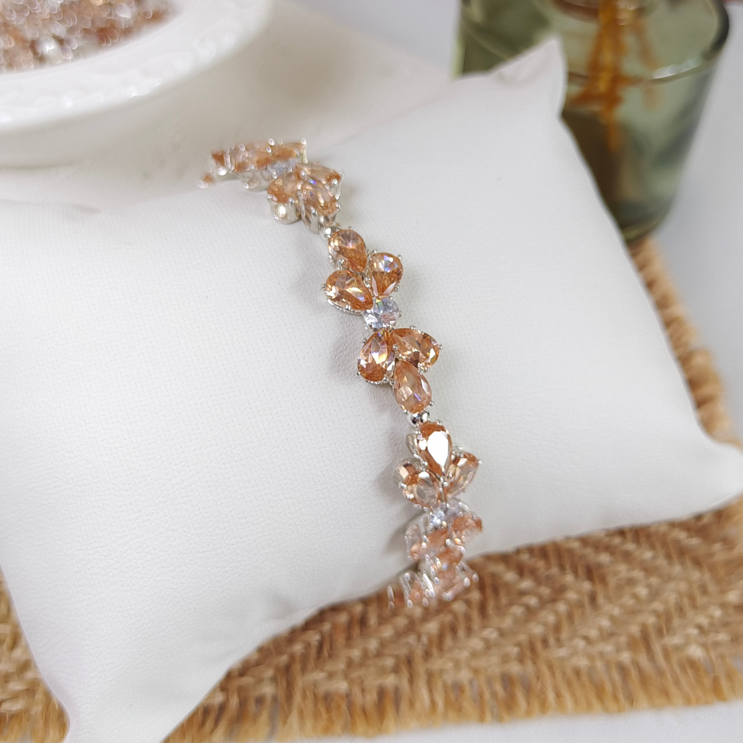 No.21 Amber Bow Bracelet – Handmade Crystal Drop Charm with Silver Beads