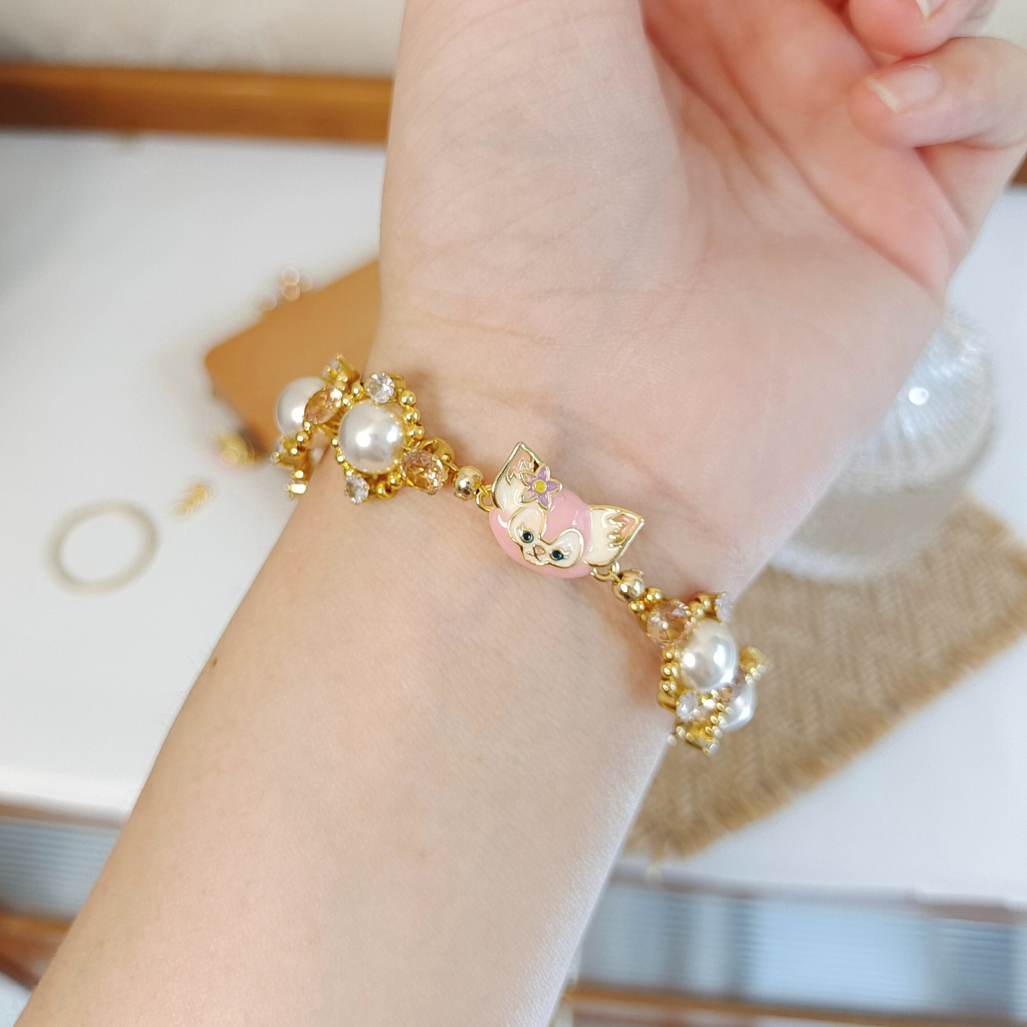 No.22 LinaBell-Inspired Pearl Bracelet – Handmade Pink Elegance with Zircons & Beads