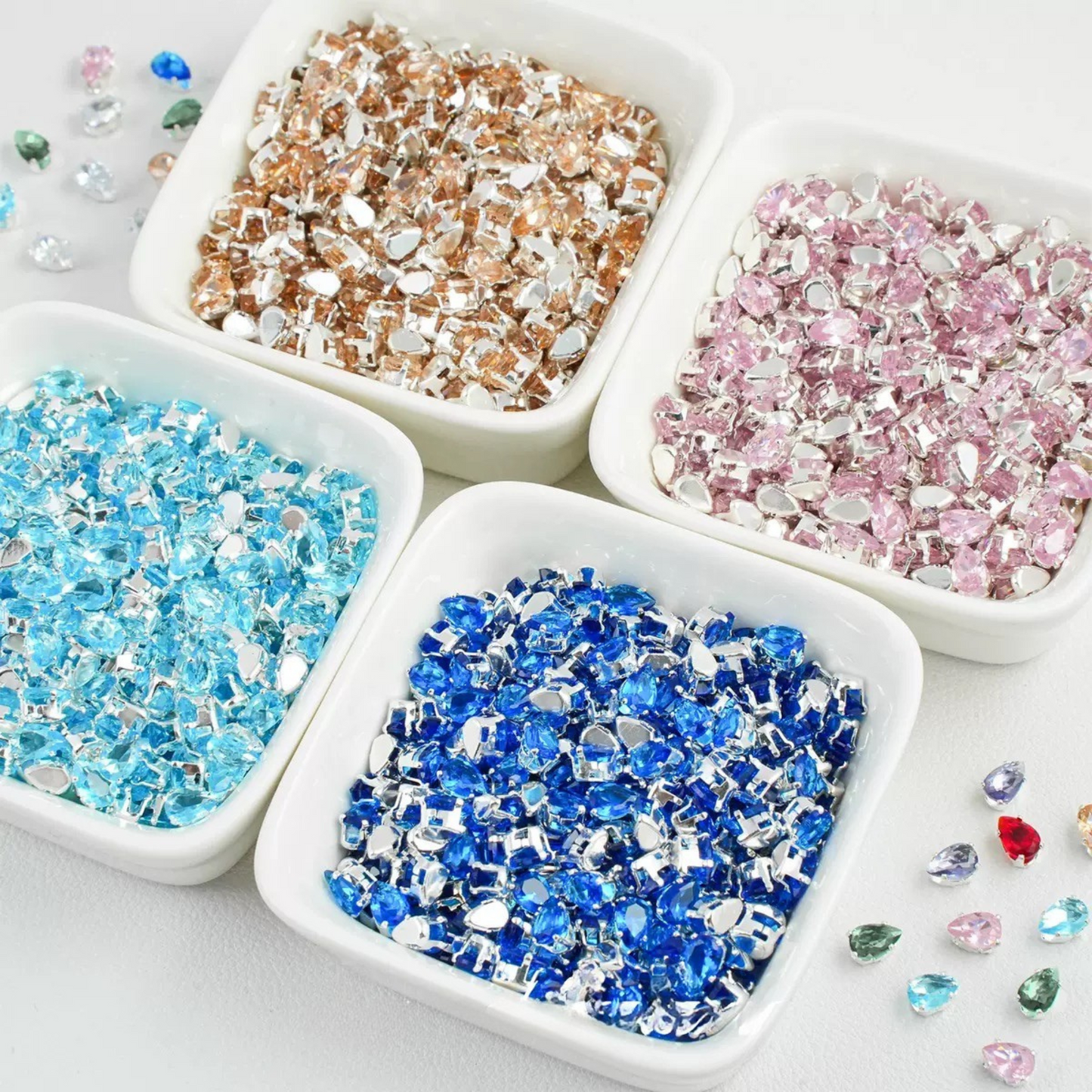 【A27】50pcs Teardrop Zircon Spacer Beads – Electroplated Silver Claw Setting DIY Beading Supplies