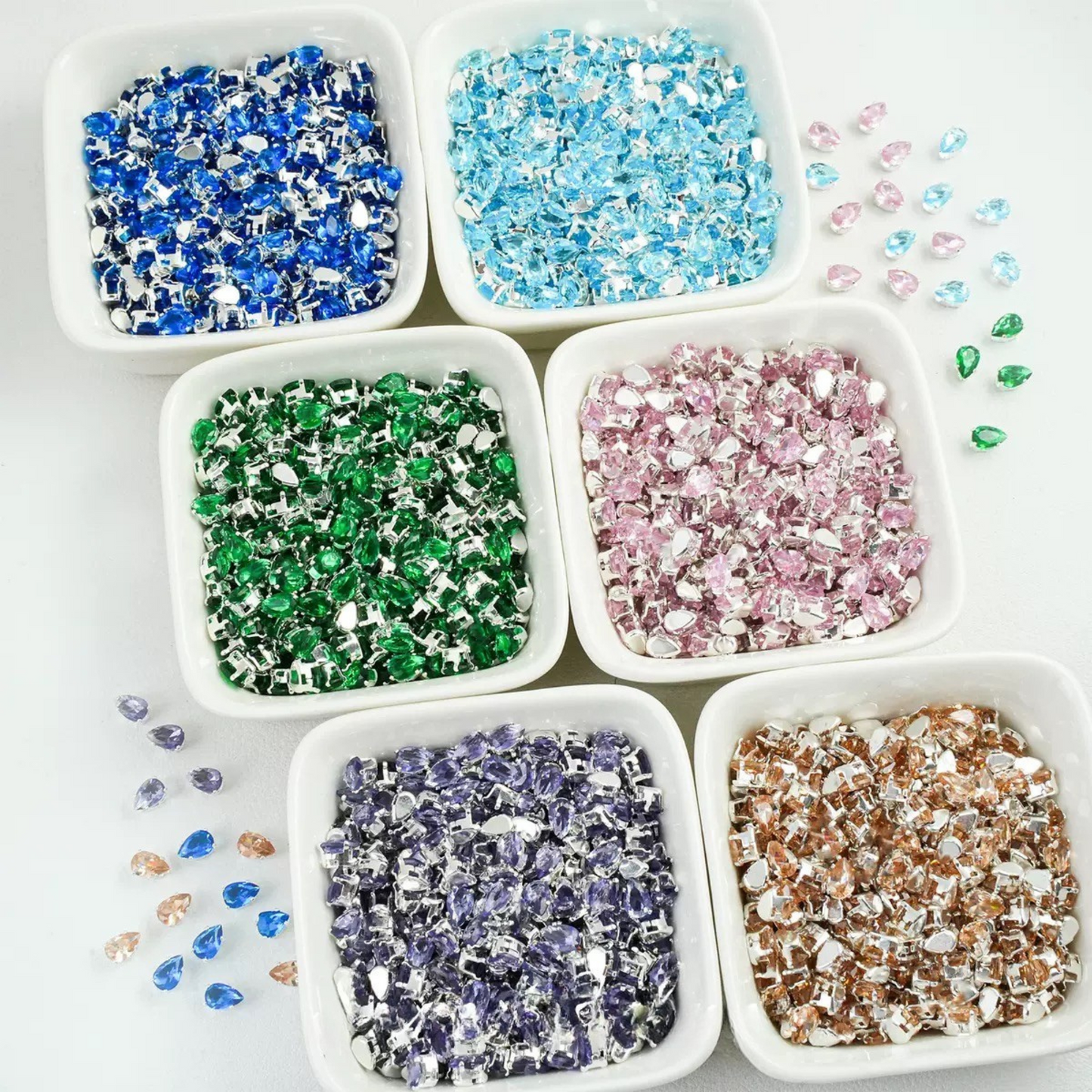 【A27】50pcs Teardrop Zircon Spacer Beads – Electroplated Silver Claw Setting DIY Beading Supplies