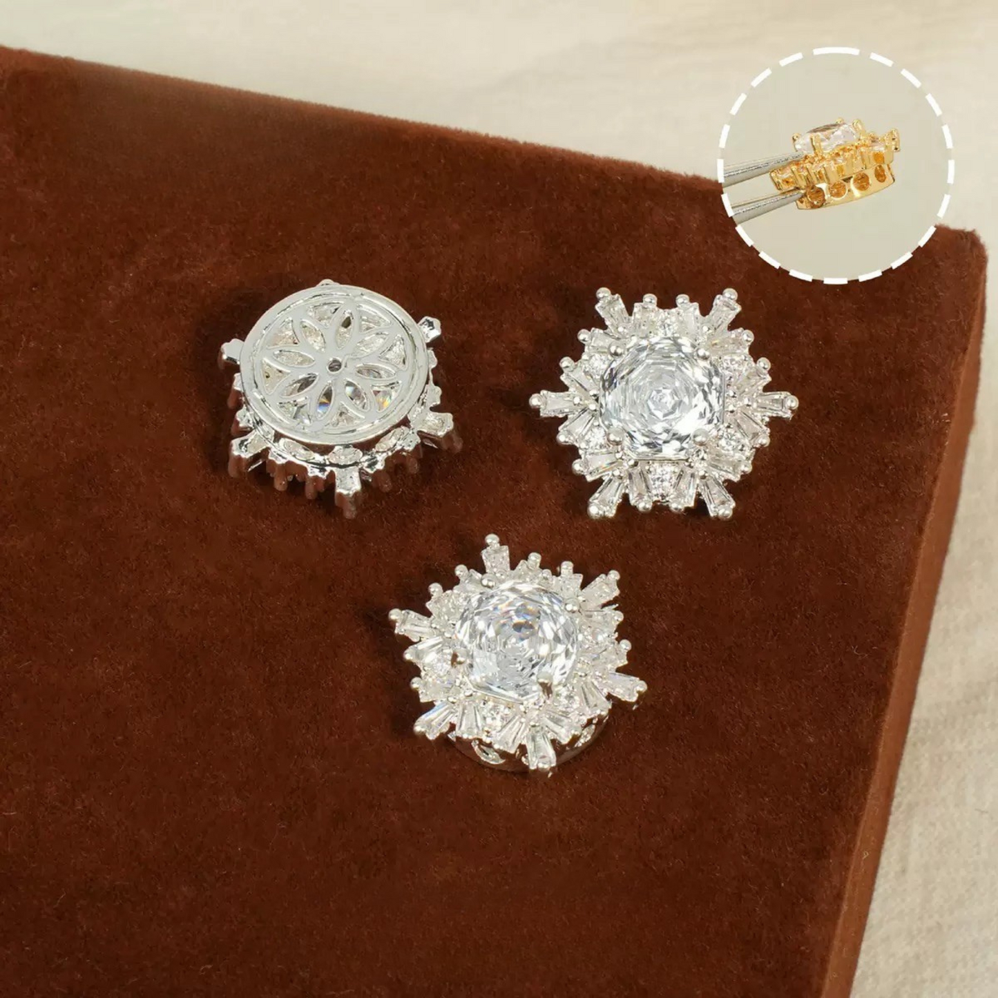 【S02】13*13mm High-Color Zircon Snowflake Charm – Rose Cut Full Pavé CZ Bead for DIY Jewelry (9×18mm)