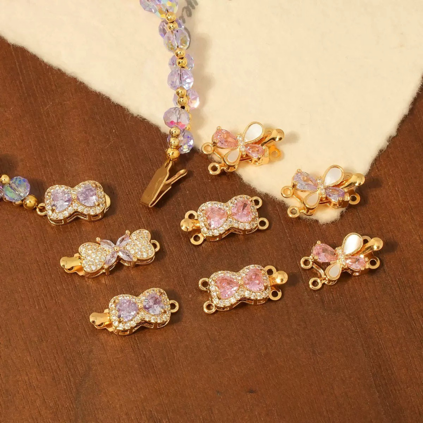 【B07】Butterfly Box Clasp – Gold-Plated Alloy with Cubic Zirconia, Single/Double Hole DIY Jewelry Connector