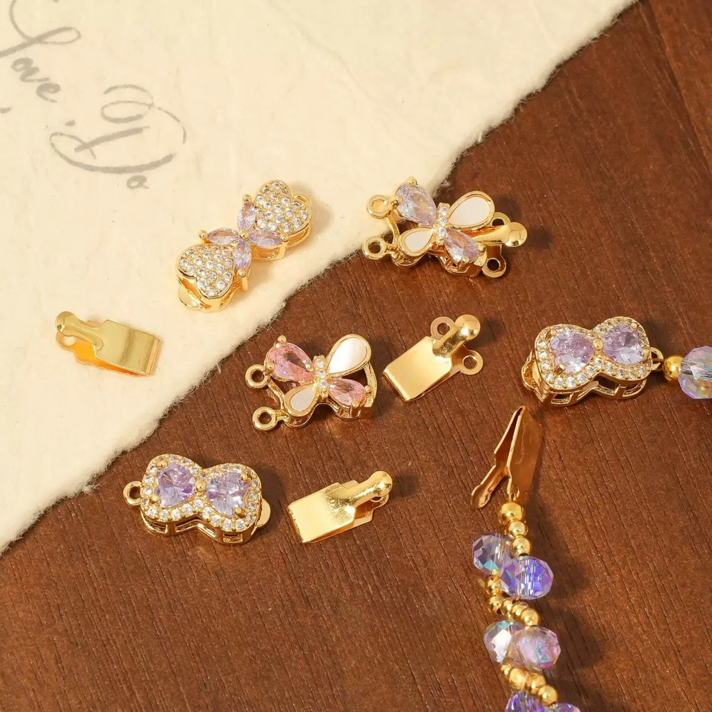 【B07】Butterfly Box Clasp – Gold-Plated Alloy with Cubic Zirconia, Single/Double Hole DIY Jewelry Connector