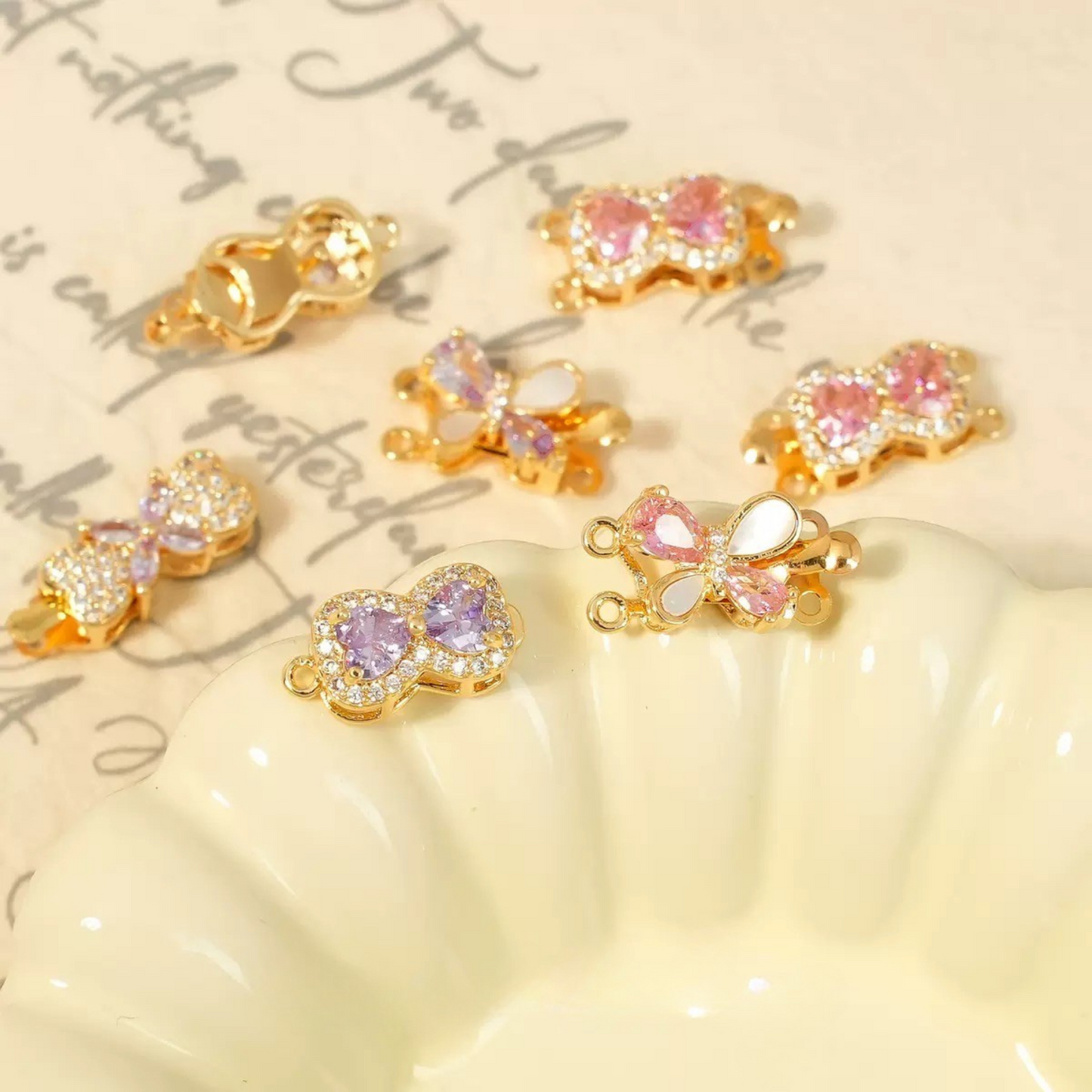 【B07】Butterfly Box Clasp – Gold-Plated Alloy with Cubic Zirconia, Single/Double Hole DIY Jewelry Connector