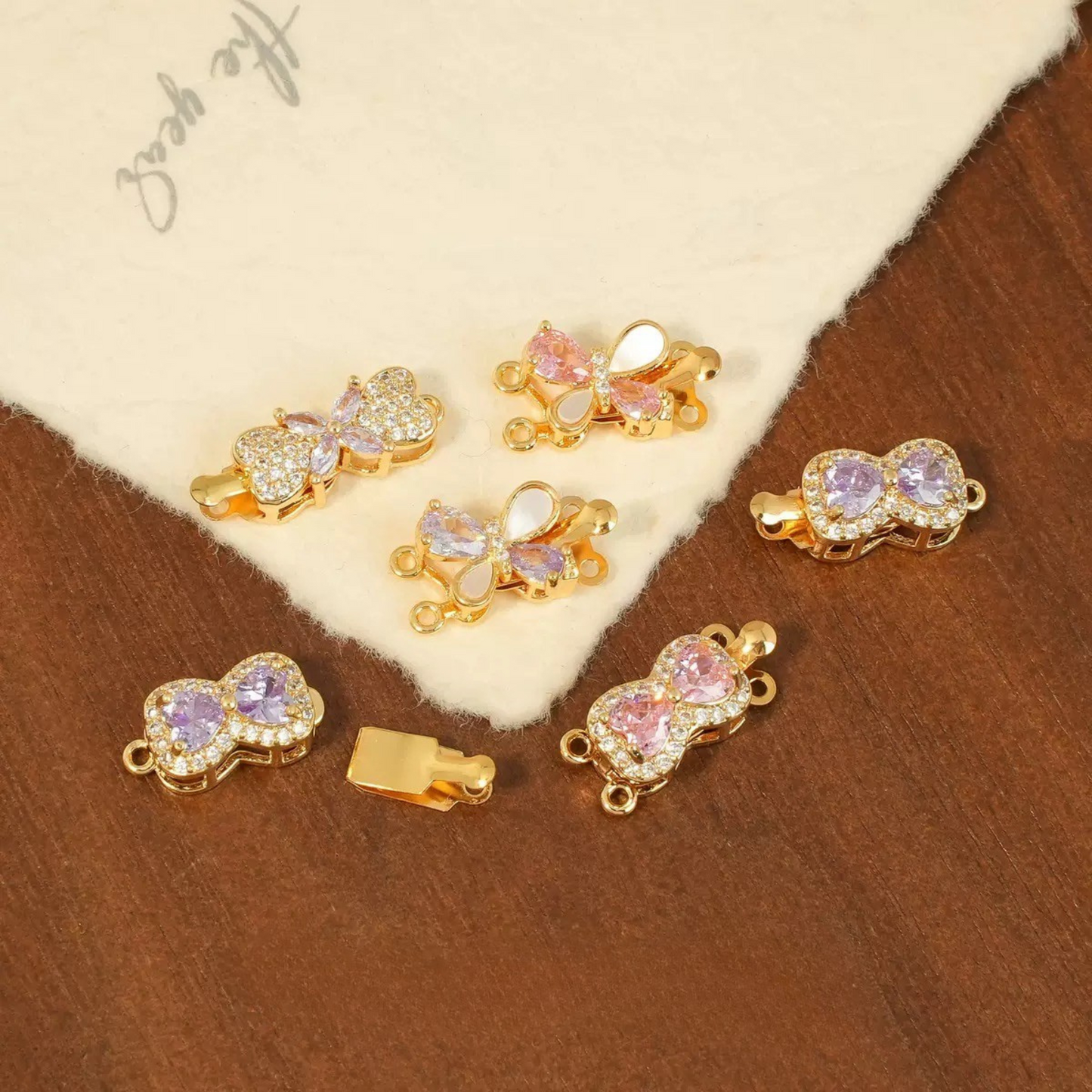 【B07】Butterfly Box Clasp – Gold-Plated Alloy with Cubic Zirconia, Single/Double Hole DIY Jewelry Connector