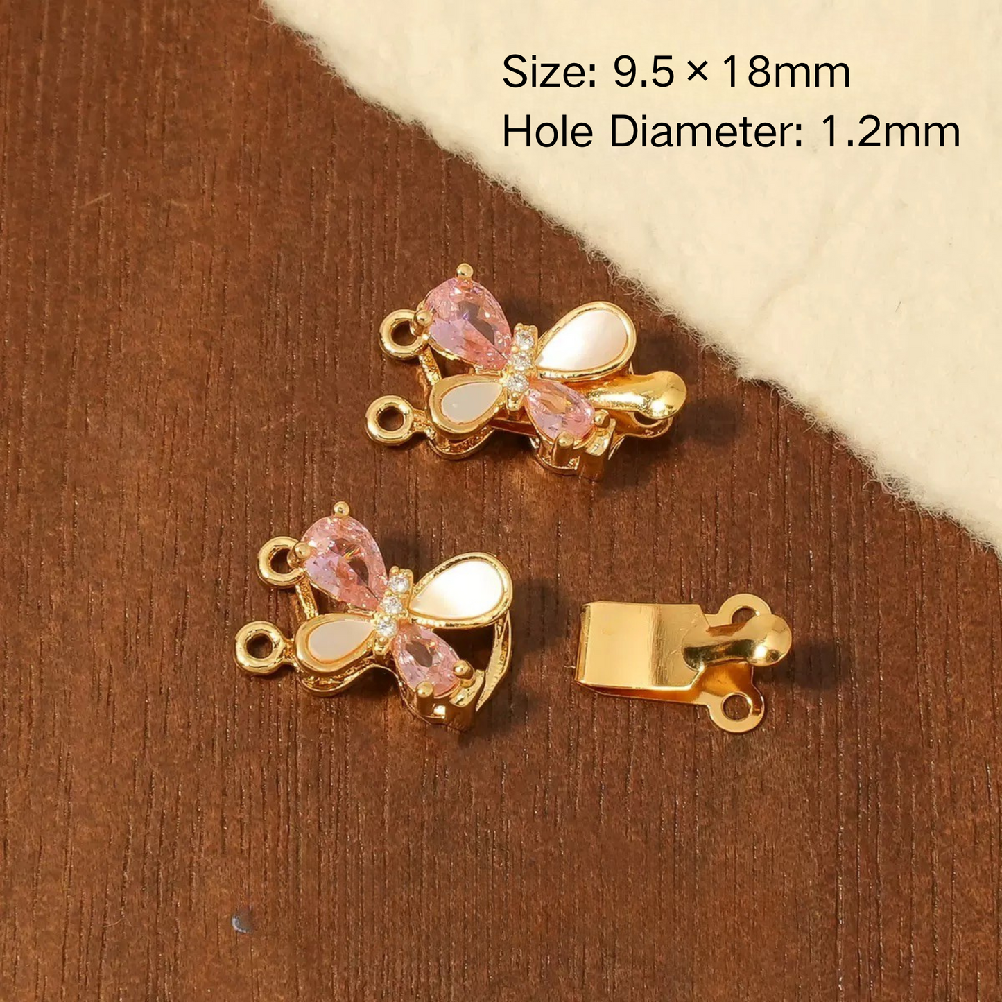 【B07】Butterfly Box Clasp – Gold-Plated Alloy with Cubic Zirconia, Single/Double Hole DIY Jewelry Connector